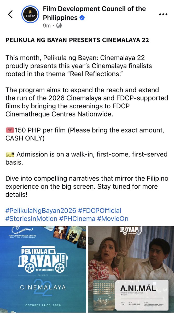 mayplottwistba's tweet photo. good news! 6 of 9 cinemalaya 2026 finalists will be screened across all cinematheque centres nationwide!

‘status: rejected’, ‘mag-iina’, and ‘2 valid ids’ are not part of the line-up.

🎟️ tickets are priced at 150PHP (cash-only)

🎫 tickets will not be sold online. instead, it is on a walk-in, first-come first-served basis.

check the fb post: https://t.co/crrtI1ucXD

#PelikulaNgBayan2026
#Cinemalaya22