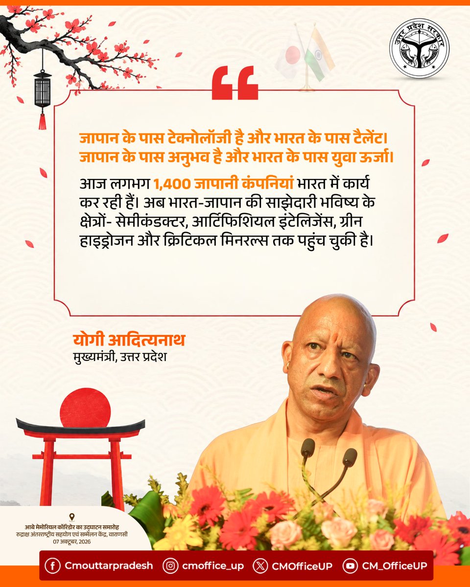 CMOfficeUP's tweet photo. जापान के पास टेक्नोलॉजी है और भारत के पास टैलेंट। जापान के पास अनुभव है और भारत के पास युवा ऊर्जा।

आज लगभग 1,400 जापानी कंपनियां भारत में कार्य कर रही हैं। अब भारत-जापान की साझेदारी भविष्य के क्षेत्रों- सेमीकंडक्टर, आर्टिफिशियल इंटेलिजेंस, ग्रीन हाइड्रोजन और क्रिटिकल मिनरल्स तक पहुंच चुकी है।

-मुख्यमंत्री @myogiadityanath जी