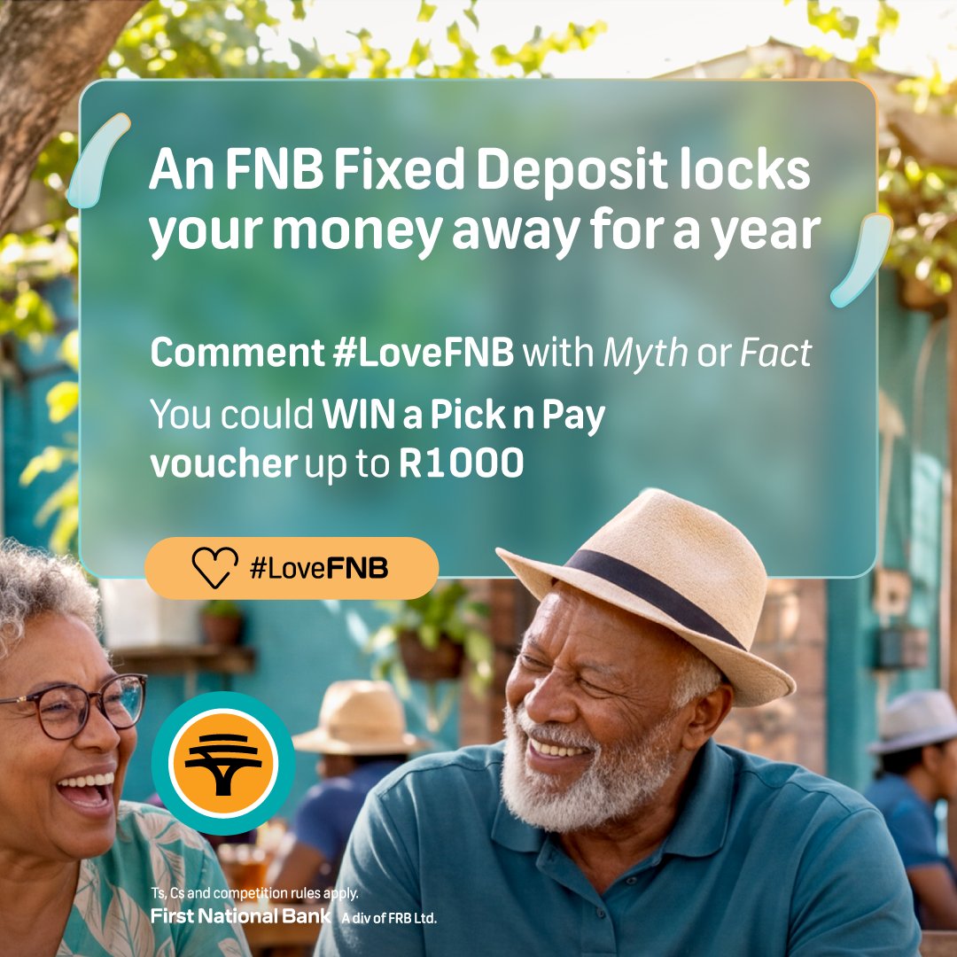 FNBSA's tweet photo. Still deciding? 𝗥𝗘𝗣𝗟𝗬 using hashtag LoveFNB with Myth or Fact for a chance to win a Pick n Pay voucher worth up to R1000. See how an FNB Fixed Deposit could fit your retirement plans. https://t.co/XZRWMtkplY