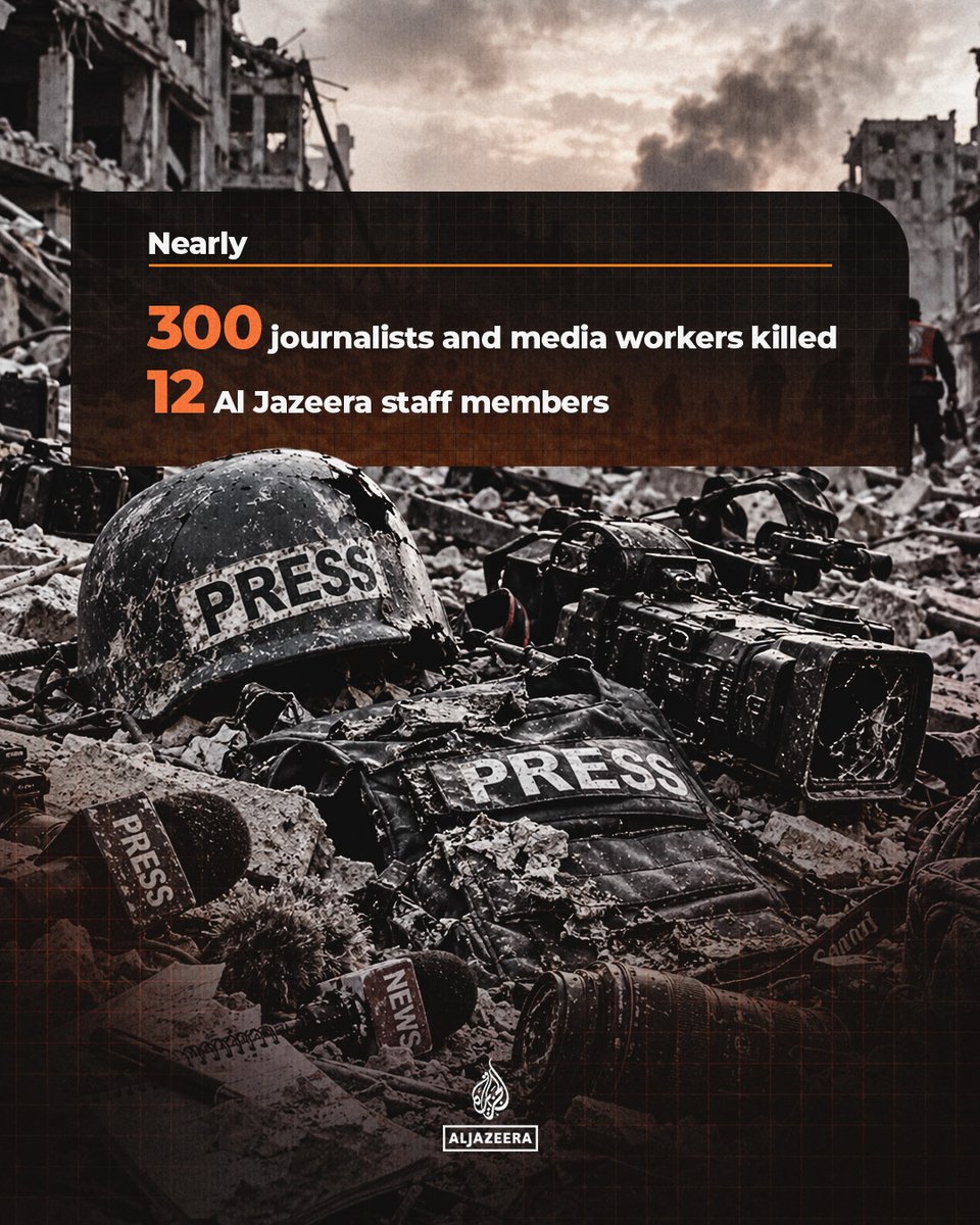 AJEnglish's tweet photo. In three years of Israel's genocide, nearly 300 journalists and media workers have been killed in Gaza, 12 of them from Al Jazeera.

Read more ➡️ https://t.co/DWG6wsroVL https://t.co/GxlLtd13nV
