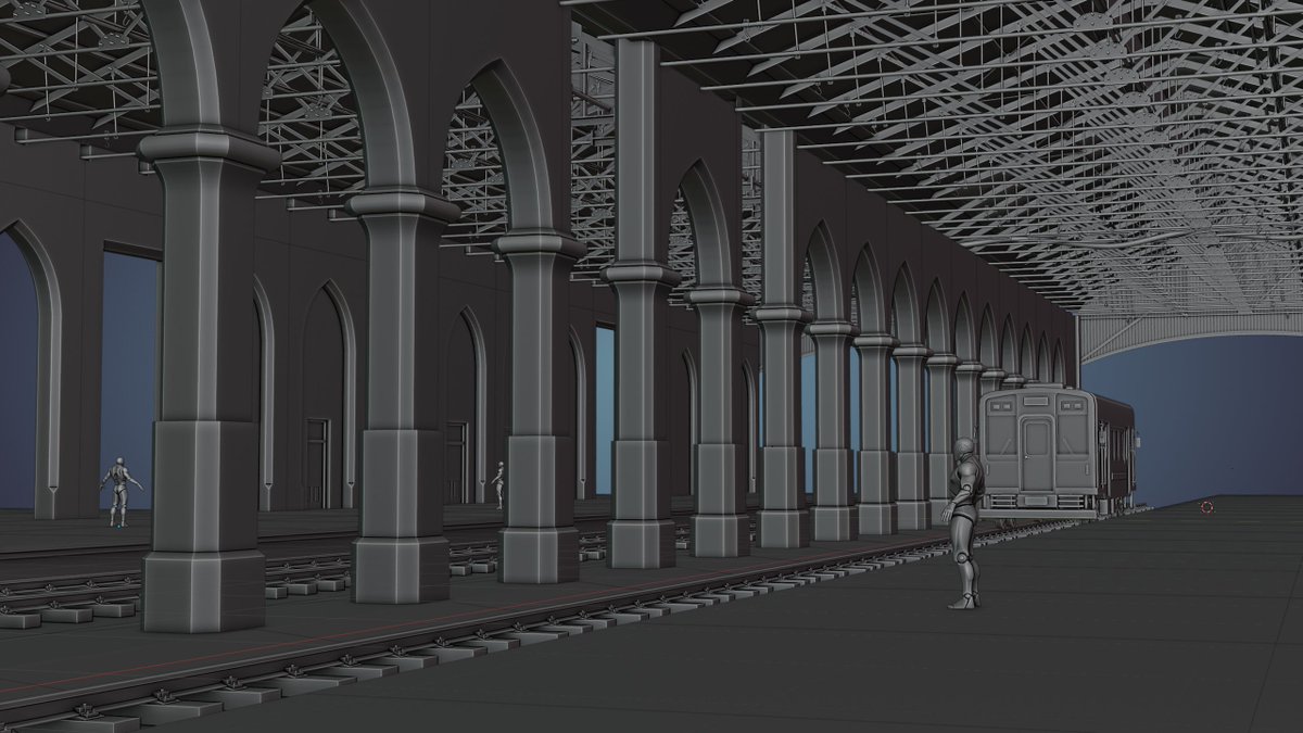asultan3d's tweet photo. Railway Dhaba/Tea Stall  
WIP 03
I’ve started assembling the modular walls, columns, ceiling, and railway tracks to get a btr idea of how the whole space wil feel. I also added 2 tracks for two trains, which is helpng me get a better sense of the scale and layout of environment. https://t.co/9lB6LgPNe3