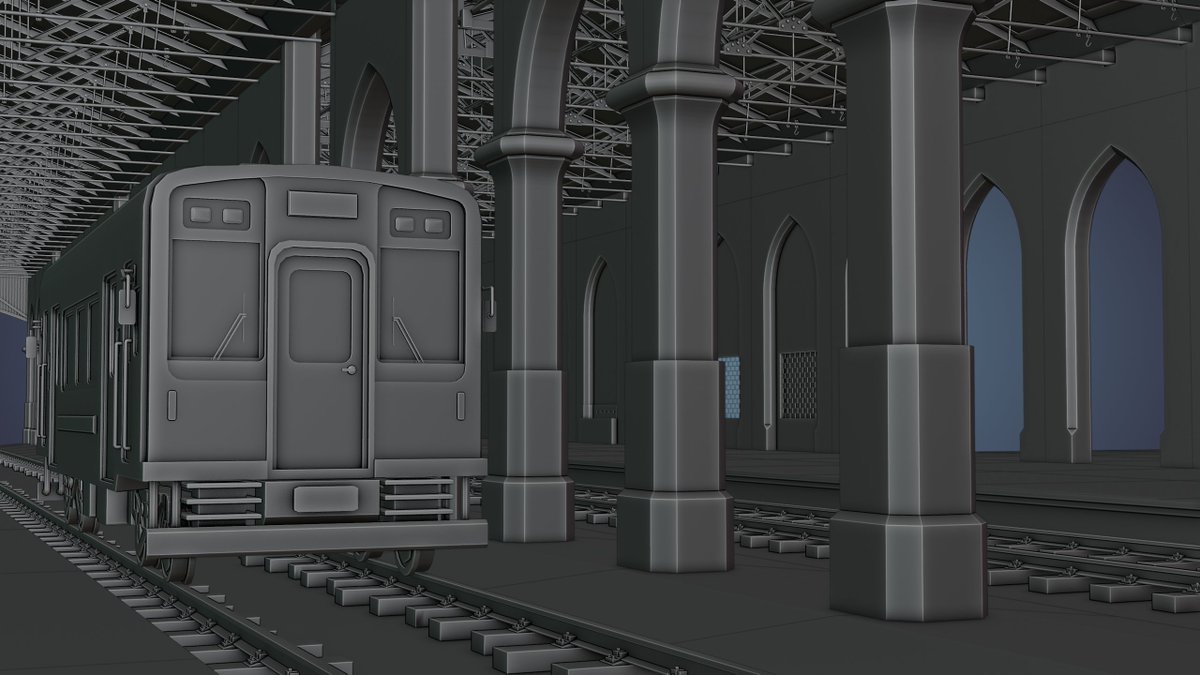 asultan3d's tweet photo. Railway Dhaba/Tea Stall  
WIP 03
I’ve started assembling the modular walls, columns, ceiling, and railway tracks to get a btr idea of how the whole space wil feel. I also added 2 tracks for two trains, which is helpng me get a better sense of the scale and layout of environment. https://t.co/9lB6LgPNe3