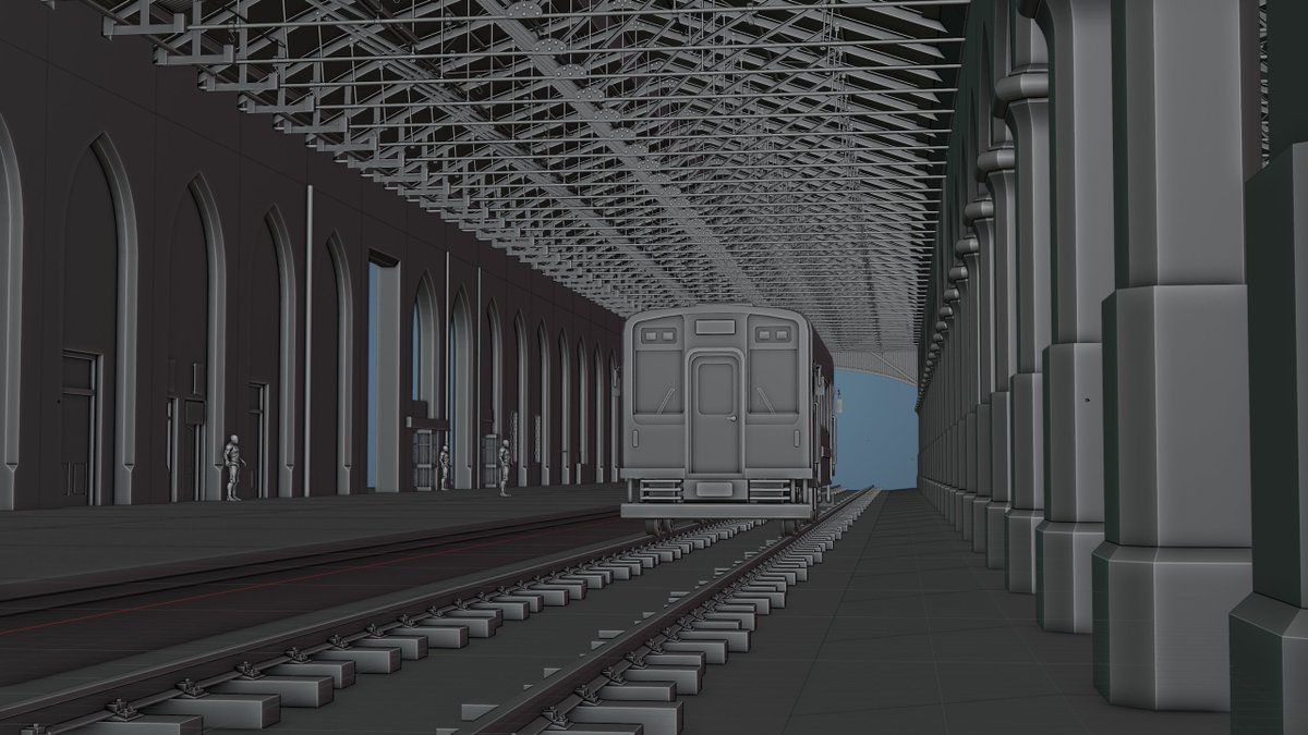 asultan3d's tweet photo. Railway Dhaba/Tea Stall  
WIP 03
I’ve started assembling the modular walls, columns, ceiling, and railway tracks to get a btr idea of how the whole space wil feel. I also added 2 tracks for two trains, which is helpng me get a better sense of the scale and layout of environment. https://t.co/9lB6LgPNe3