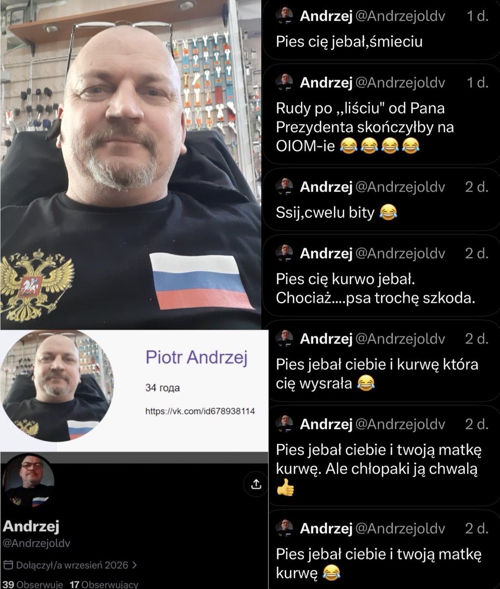 Rozklad_Jazdy's tweet photo. Andrzejek najwyraźniej zaczął się wstydzić swoich własnych zdjęć i zajęcia. Zatem powtórka:

Andrzejek, jak przystało na półgłówka rusofila, postanowił puścić się poręczy i publicznie podzielić się z nami swoimi fantazjami seksualnymi.  
Zapomniał jednak, że kiedyś na swoim vk umieścił zdjęcie, które zaprowadziło nas wprost do niego.   Na tablicy za nim widoczna była końcówka nr telefonu - 522.  Zakładów dorabiających klucze, których numer telefonu kończy się na 522 jest w Polsce raptem 5.   Wizytówka w google maps pokazała na zdjęciach zakładu charakterystyczne szafki, które znajdziemy również na tym samym zdjęciu z końcówką numeru telefonu.  
Zatem jeśli jesteście z Piły i chcieliście dorobić sobie klucze u Andrzejka to radzę się spieszyć, bo niebawem Andrzejek może mieć inne zajęcia na głowie. Komplet jego wpisów został zebezpieczony dowodowo i przekazany do dalszych czynności.  #polskieonuce #rosjajuztujest