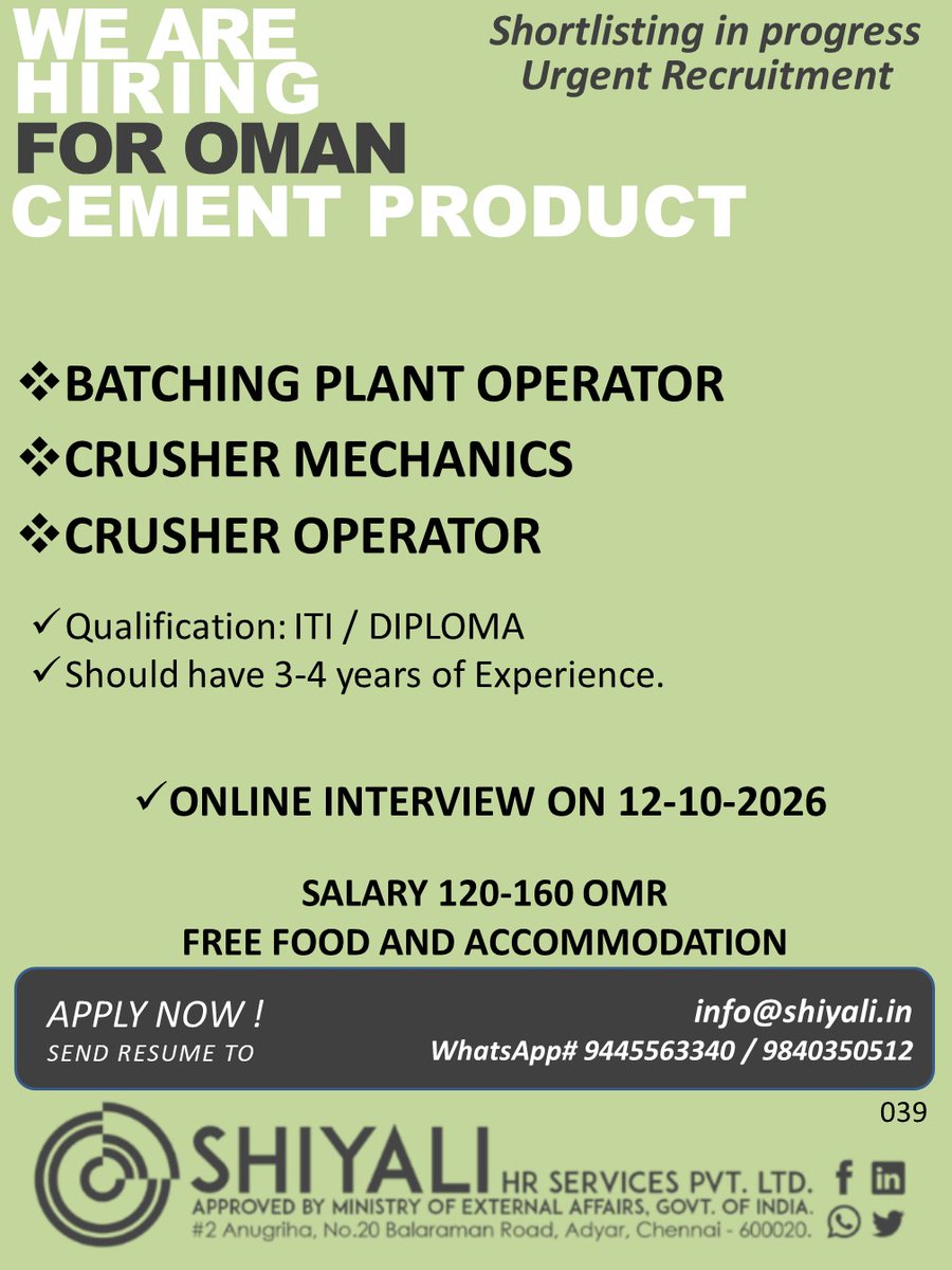 HR_SHIYALI's tweet photo. #Oman #Cementproduct #Urgentrecruitment #Batchingplantoperator #Cruchermechanics #Crusheroperator https://t.co/cYXxsqvm2u