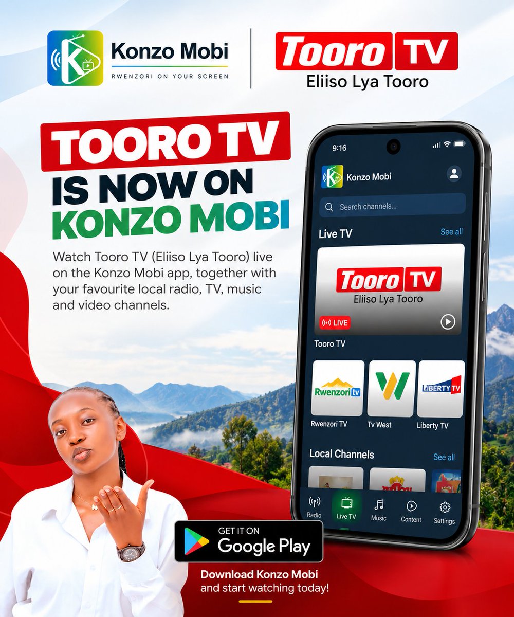 KonzoMobi's tweet photo. Tooro TV is now on Konzo Mobi!

You can now watch @Toorotv94 live alongside your favourite local radio, TV, music and video channels, all in one app.

Download Konzo Mobi on Google Play and start watching.

#KonzoMobi #TooroTV #EliisoLyaTooro #Tooro #Rwenzori https://t.co/KKZuF4wAFk