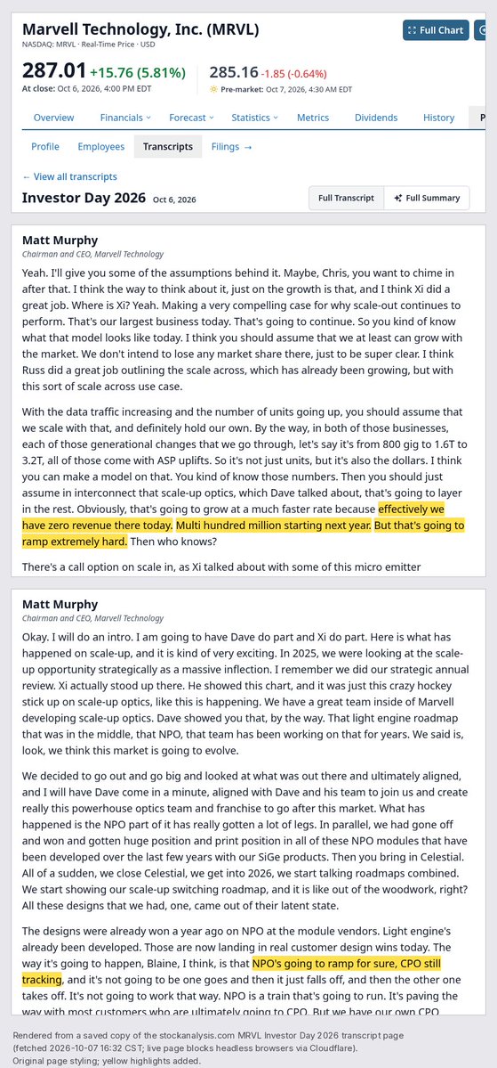 lyAtomic's tweet photo. When does optics actually move in next to the AI chip? Two sources, two days, two different clocks.

Woodside Capital (Oct 5, ECOC wrap): "Everything exciting inside the package is a 2028 story."

Their reasoning: XPU roadmaps are "already set for roughly the next two years," which pushes the earliest in-package optics "to late 2028 or 2029."

$MRVL CEO Matt Murphy (Investor Day, Oct 6) on scale-up optics: "effectively we have zero revenue there today. Multi hundred million starting next year."

His "next year" is FY28. Marvell itself maps FY31 to calendar 2030, so FY28 lands roughly in 2027.

On sequencing: "NPO's going to ramp for sure, CPO still tracking."

My read (inference): these may not conflict. Woodside is talking about inside the package; Marvell's near-term dollars likely start with NPO, sitting next to it. Caveat: Marvell also says it already has customers deploying CPO, with no split given.

Woodside's other tip: watch "the smaller laser suppliers who could fill gaps in CW and pump lasers."

Is $SIVE one of them? It makes CW DFB lasers, but neither source mentions Sivers. That link is purely my inference.