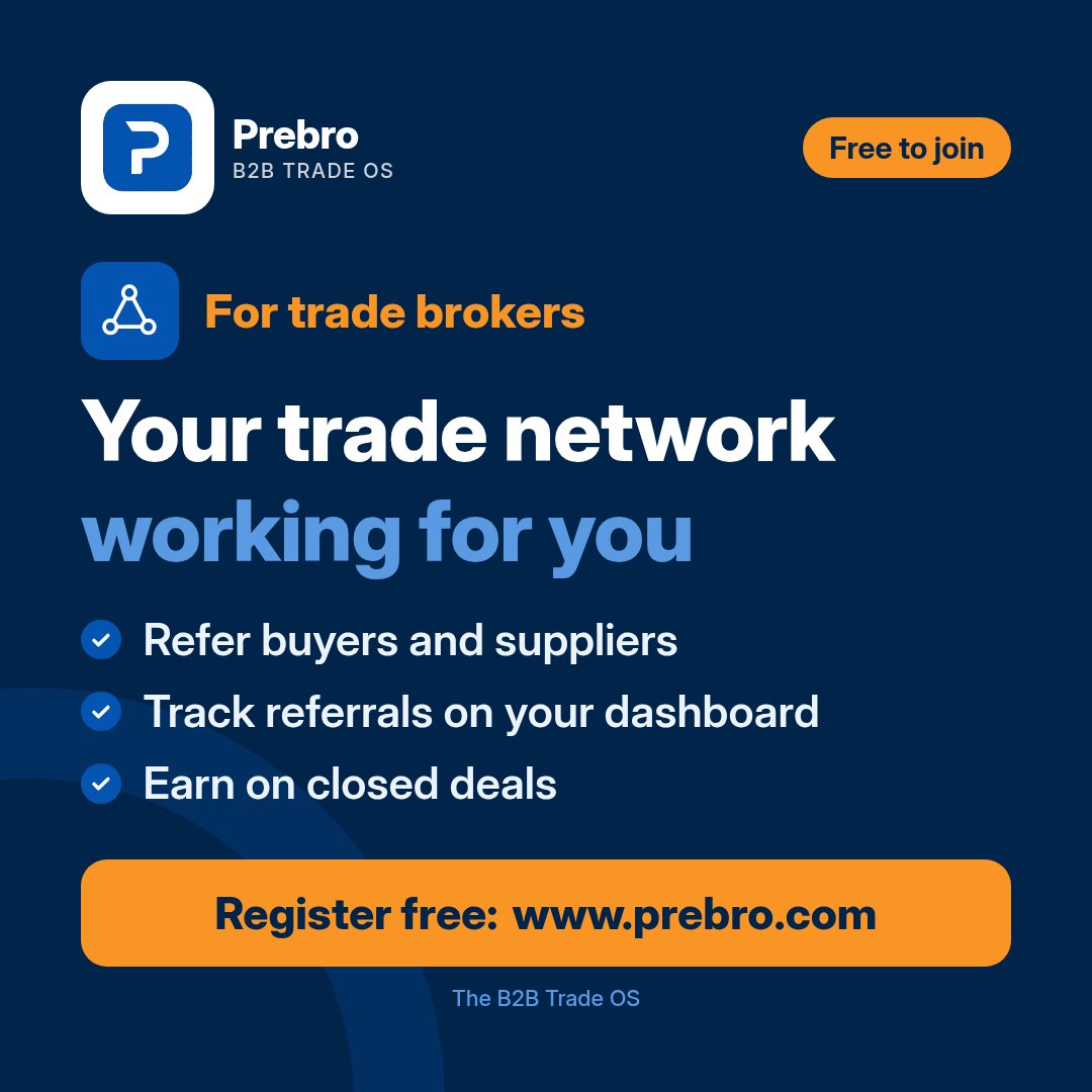 prebrocom's tweet photo. Trade broker? Put your network to work.
On Prebro, refer buyers and suppliers with tracked referral links, follow your referrals on your own performance dashboard and earn commission on closed deals.
Register free: https://t.co/nWRU2Wgc6G
#Prebro #TradeBrokers #Referral #B2B https://t.co/uVXkA4J2u5