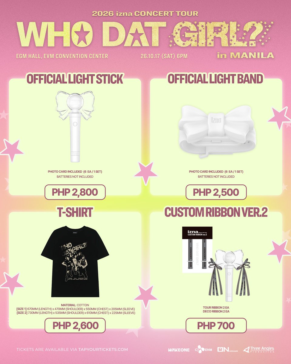 Threeanglespro's tweet photo. The '2026–2027 izna CONCERT TOUR: WHO DAT GIRL? in MANILA' official merchandise is now available for pre-order! 🛍️💫 

Pick your favorites, make them yours, and get ready to bring a little piece of WHO DAT GIRL? with you wherever you go. See you in MANILA, naya! 💚

MD Pre-Order Link: https://t.co/WQbnIYG0tJ
MD Pre-Order Duration: October 7, 7:00 PM - October 14, 7:00 PM
 
📌 Please note that details regarding on-site merchandise sales will be announced on show day. Stay tuned for further updates.

🎫: https://t.co/3mzWfmRBtz
🗓️: 17 October 2026 | 6:00 PM
📍: EGM Hall, EVM Convention Center

Organizer: Three Angles Production
Co-organizer: O.N worldwide

#izna #이즈나
#izna_Concert_Tour #WHO_DAT_GIRL
#izna_Concert_Tour_in_MANILA
#ONworldwide #ThreeAnglesProduction