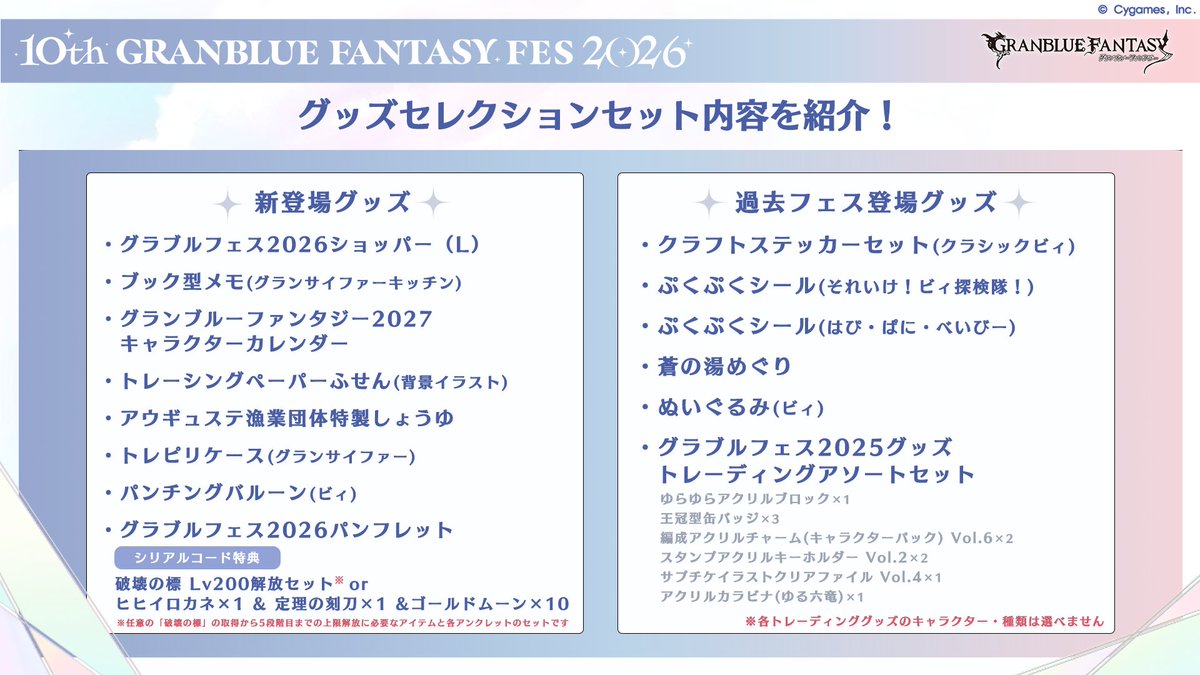 granbluefantasy's tweet photo. 【グランブルーファンタジー】「グラブルフェス2026」グッズセレクション付きチケットのグッズ内容を公開！
シリアルコード特典は【破壊の標 Lv200解放セット】または【ヒヒイロカネ×1&amp;定理の刻刀×1&amp;ゴールドムーン×10】！
チケット申し込みは ⇒ https://t.co/lqm6SAHqU1 #グラブル #グラフェス2026 https://t.co/ThIjzu1zaW