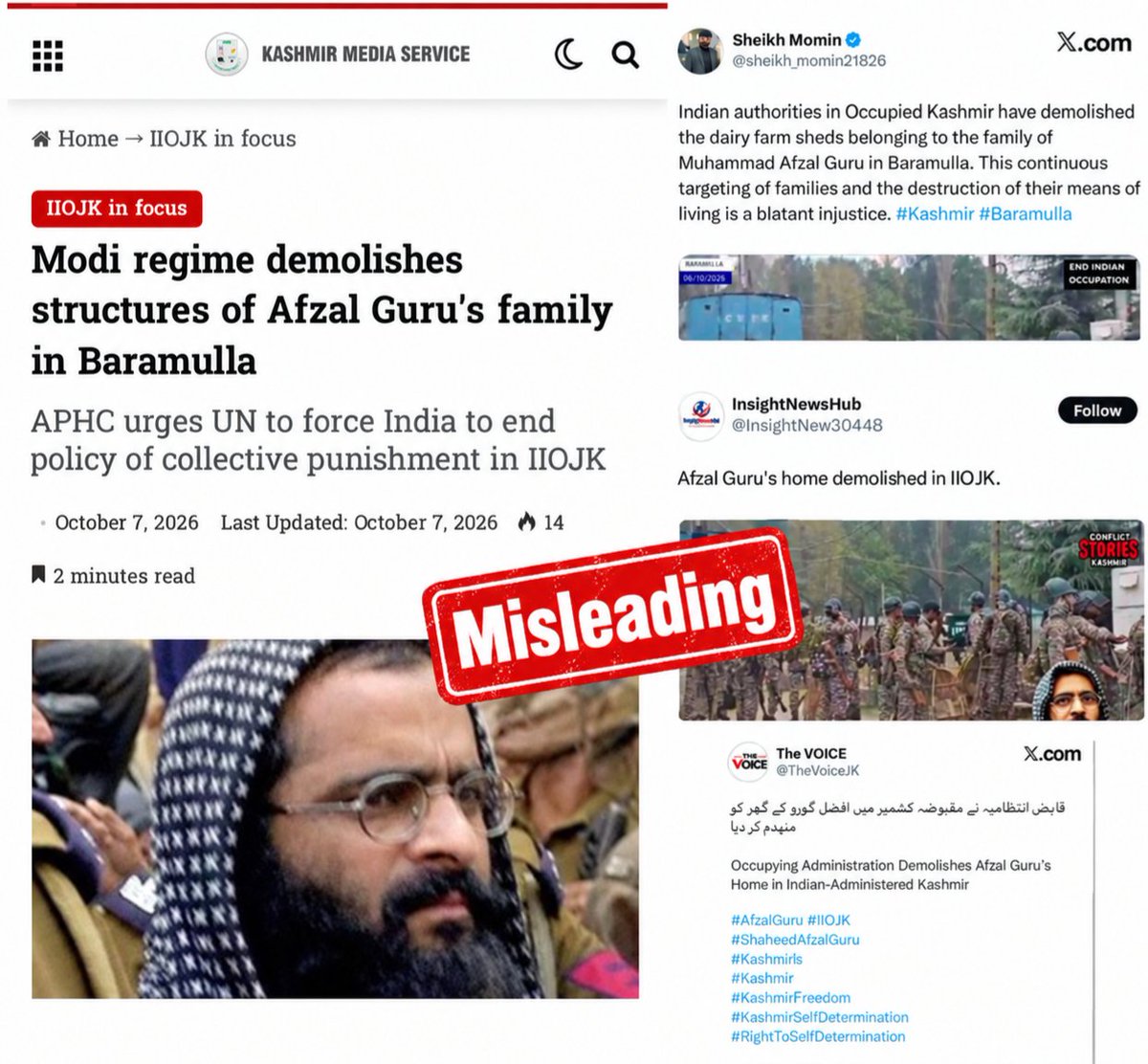 Kashmirfactlens's tweet photo. 🚨 Disinformation Alert
A #false narrative is being circulated by #Pakistan-based #propaganda accounts claiming that Afzal Guru’s family home was demolished as part of a “collective punishment” policy in #Kashmir.
🔎 #FactCheck: The claim is #FAKE and Afzal Guru’s family home was not demolished as part of any collective punishment policy. (1/3)