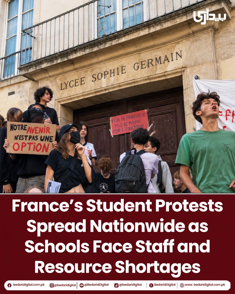BedariDigital's tweet photo. France’s Student Protests Spread Nationwide as Schools Face Staff and Resource Shortages
France is witnessing a growing student protest movement, with demonstrations spreading from the Paris region to schools and cities across the country. Students and teachers are demanding more staff, better resources and action to address overcrowded classrooms.The protests began on September 21 at Saint-Exupéry High School in a Paris suburb, where students joined teachers in calling for additional staff and improved resources. Although the school later received extra staff and ended its strike, demonstrations quickly spread to other parts of France.
for more:https://t.co/GtYONNmuaI