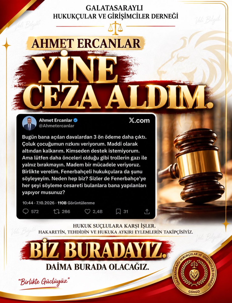 gshukukcularder's tweet photo. ⚖️ AHMET ERCANLAR: “YİNE CEZA ALDIM.”

Hakkında suç duyurusunda bulunduğumuz Ahmet Ercanlar’ın bugün kamuoyuyla paylaştığı kendi beyanı görselde mevcuttur.

Sosyal medyada hukuki sorumluluk ve hesap verebilirlik gündemdeyken bir kez daha söylüyoruz:

BİZ BURADAYIZ.
DAİMA BURADA OLACAĞIZ.

Galatasaray’ın, camiamızın ve üyelerimizin haklarına yönelik hukuka aykırı eylemlerin karşısında hukuki mücadelemizi kararlılıkla sürdüreceğiz.

GSHGD
⚖️ Hukukla korur. Hesap sorar. Sonuç alırız.