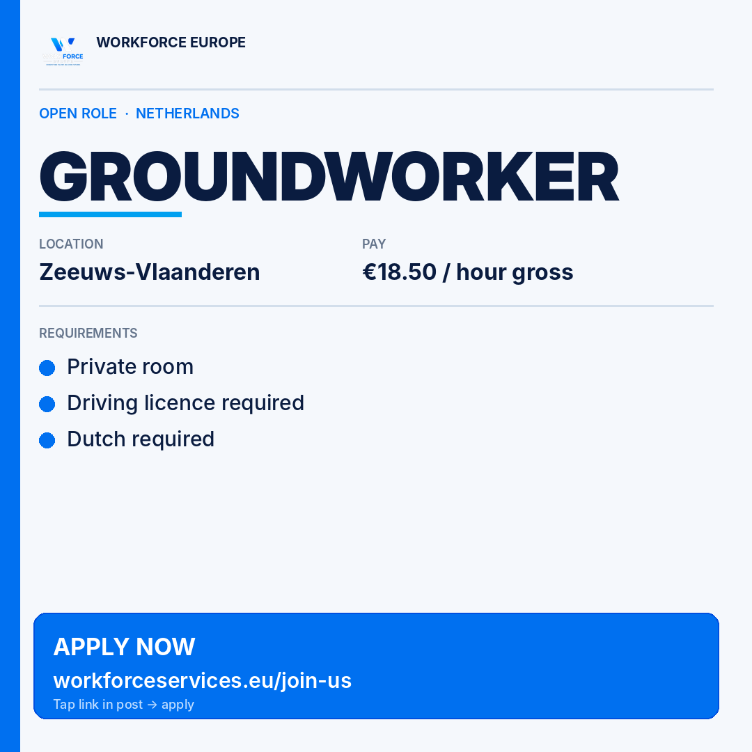 WorkforceEU's tweet photo. Job opening · Workforce Europe

Groundworker
📍 Zeeuws-Vlaanderen · €18.50 / hour gross
🏠 Private room
🚗 Driving licence required
🗣 Dutch required

Apply → https://t.co/Zx8c0oiQcp

#JobAlert #HiringNow #NL #Careers https://t.co/v2X7ihk2l3