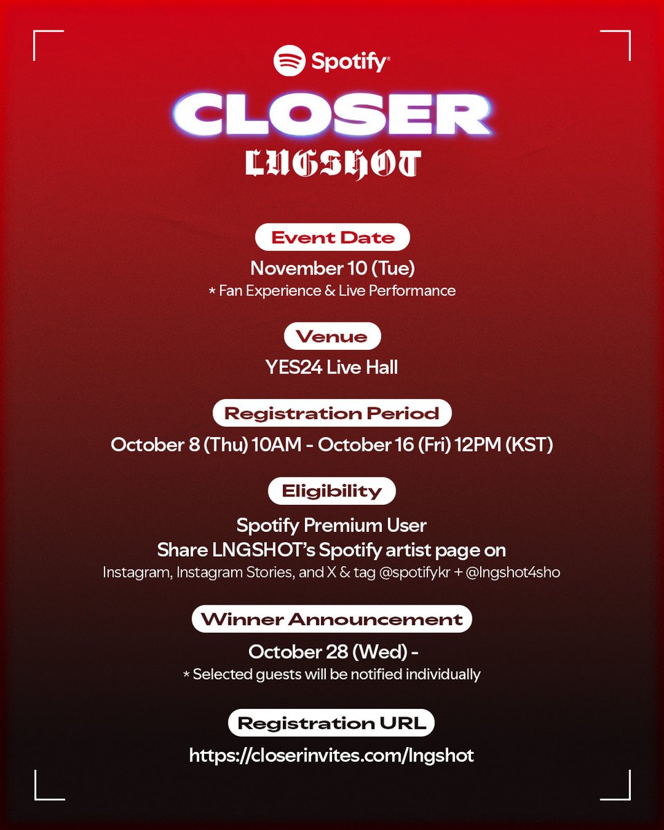 SpotifyKR's tweet photo. 최애의 순간을 더 가까이 -
CLOSER to LNGSHOT

Spotify CLOSER with LNGSHOT ➫ 2026.11.10
🔗https://t.co/h4Gli2v3sz https://t.co/nLrWJQt6Zf