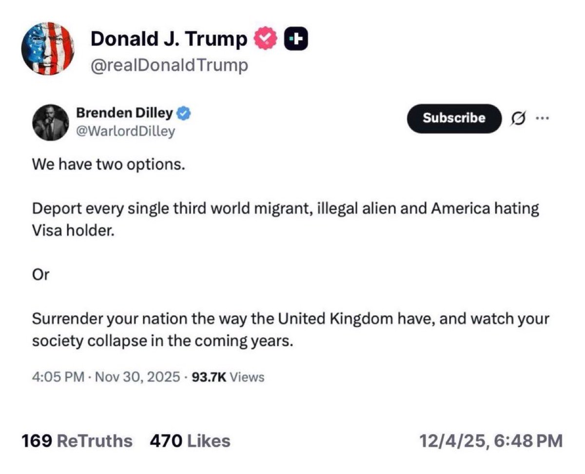 Q_TheStormRider's tweet photo. 🚨 HOLY CRAP! President Trump is now posting that we only have two options

"Deport every single 3rd world migrant, illegal alien and America hating Visa holder..."

"...or surrender your nation the way the UK have, and watch your society collapse in the coming years."

I bet Stephen Miller loves reading this. IT'S TIME TO SAVE AMERICA!