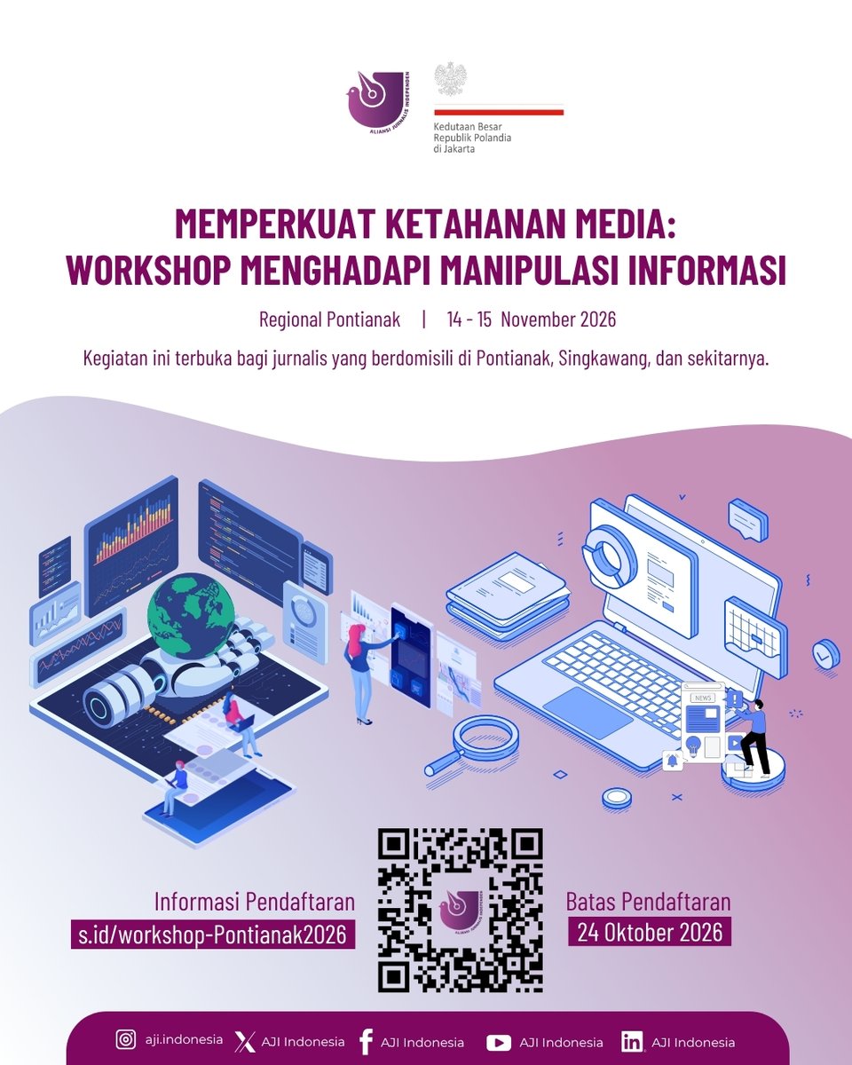 AJIIndonesia's tweet photo. Halo rekan-rekan, AJI Indonesia bekerja sama dengan Kedutaan Besar Republik Polandia di Jakarta, mengundang jurnalis untuk mengikuti workshop bertajuk "Memperkuat Ketahanan Media: Workshop Menghadapi Manipulasi Informasi". https://t.co/GAHvlndPvi