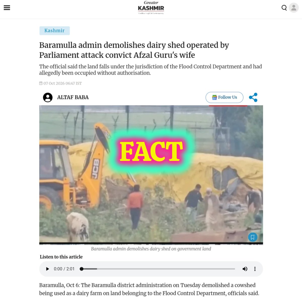 Kashmirfactlens's tweet photo. 🚨 Disinformation Alert
A #false narrative is being circulated by #Pakistan-based #propaganda accounts claiming that Afzal Guru’s family home was demolished as part of a “collective punishment” policy in #Kashmir.
🔎 #FactCheck: The claim is #FAKE and Afzal Guru’s family home was not demolished as part of any collective punishment policy. (1/3)