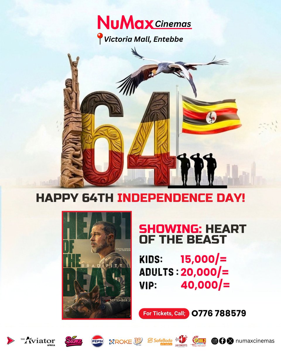NuMaxCinemas's tweet photo. 🇺🇬 Happy #IndependenceDay from #NumaxCinemas🇺🇬

On Friday we celebrate the freedom, pride and spirit of #Uganda

Enjoy blockbuster movies, great #vibes and unforgettable moments with family and friends.

Let’s celebrate Independence the Numax way

See you at the #movies 🎟️✨ https://t.co/FhersFgIME
