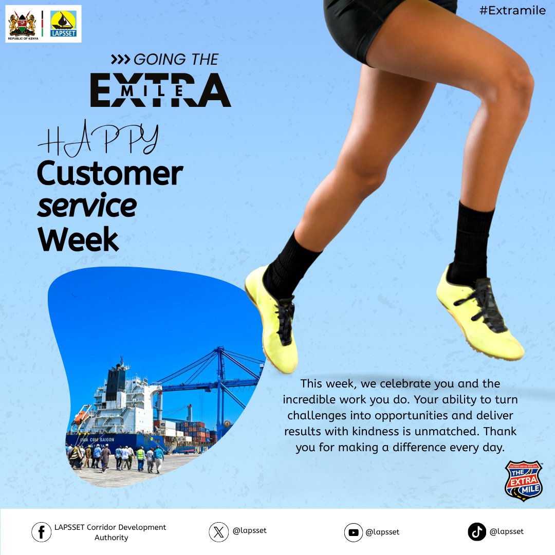 lapsset's tweet photo. Happy customer service week. 
#LAPSSET celebrates our customers, partners, investors and stakeholders across Kenya and the wider region.
As a transformative regional infrastructure programme, we remain committed to delivering responsive, efficient and professional services that support trade, investment and sustainable economic development along the #LAPSSETCorridor.
Our customers and stakeholders are at the centre of what we do. Your feedback, insights and continued engagement help us strengthen our services and respond to the evolving needs of the region.

#LAPSSET #customerserviceweek #corrirridorofopportunity #extramile
