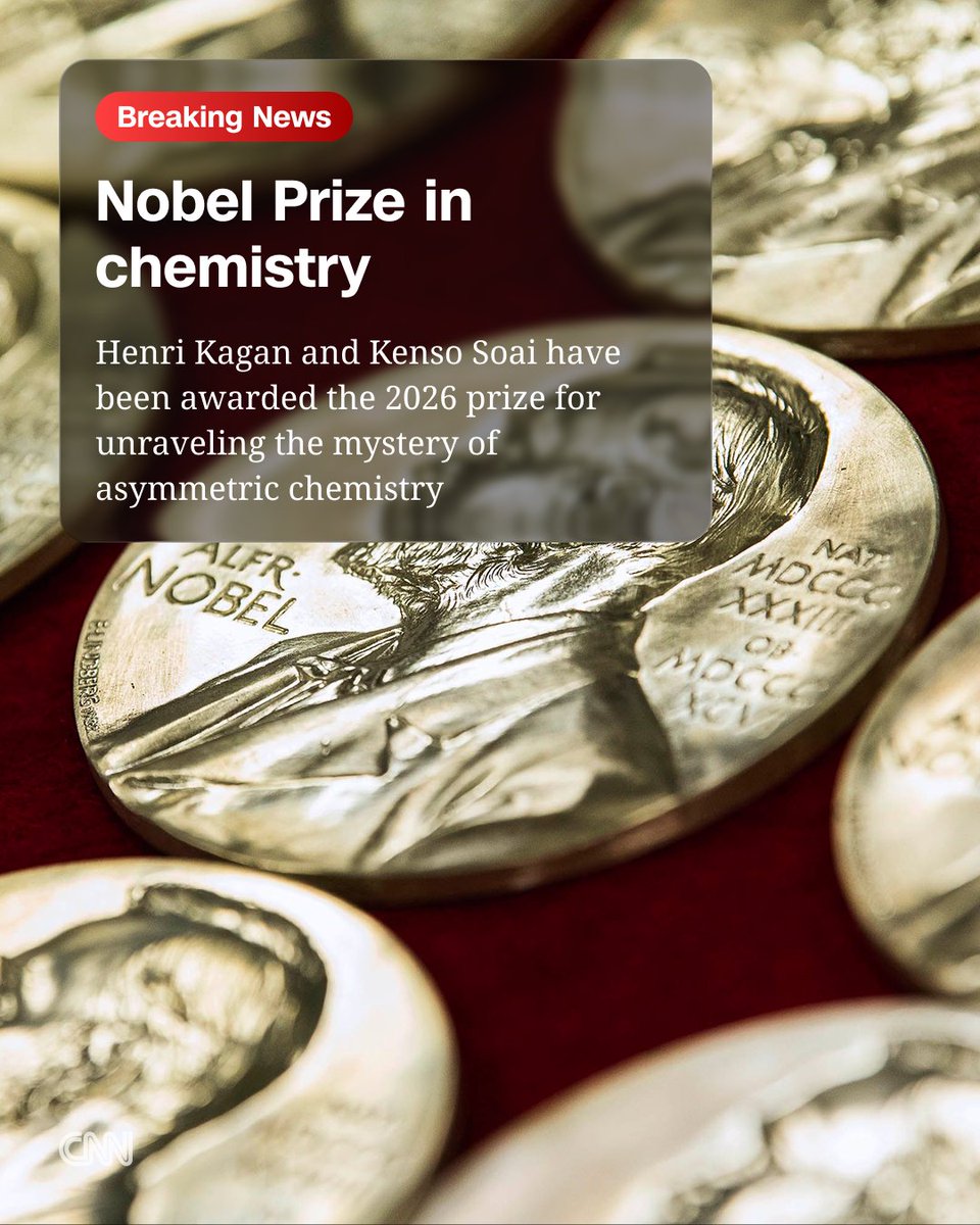CNN's tweet photo. The 2026 Nobel Prize in chemistry is awarded to two "revolutionary" scientists for unraveling the mystery of how molecules exist in non-identical mirror images of each other https://t.co/FLOoqijIv0 https://t.co/5X5HunKnhy