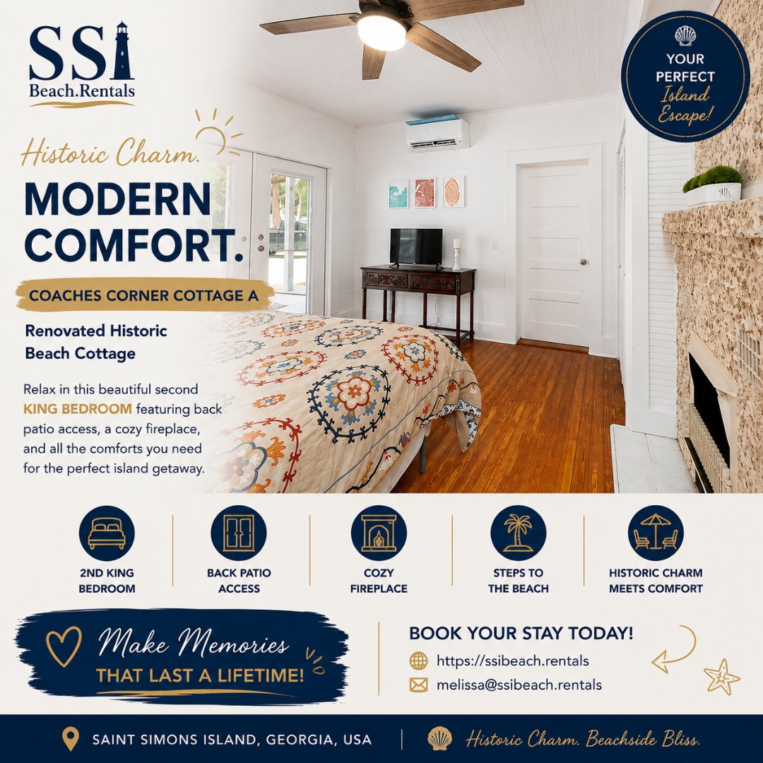 ssibeachrentals's tweet photo. Relax at Coaches Corner Cottage A on St. Simons Island — a beautifully renovated historic beach cottage with a second king bedroom, back patio, cozy fireplace, and steps to the beach.

Book direct today: https://t.co/YnpFMgP1wF

#SSIBeachRentals #StSimonsIsland #BeachCottage https://t.co/nIoGYR2JHB