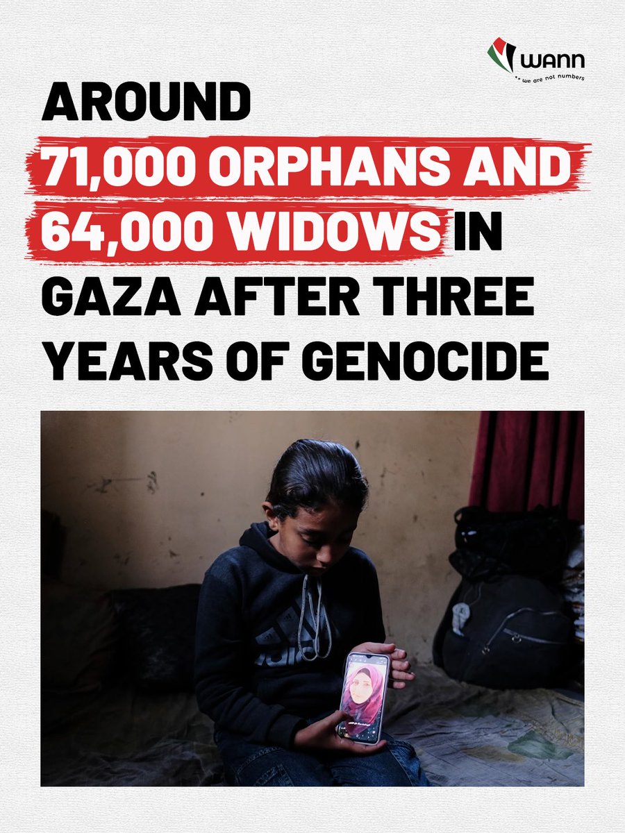 WeAreNotNumbers's tweet photo. Nearly 72,000 children in Gaza have been orphaned during three years of Israel’s war on the Strip, while more than 64,000 women have been widowed, according to figures released by Gaza’s Ministry of Social Development on Wednesday.

The ministry said in a statement marking three years since the start of the war that the prolonged violence had created a deep humanitarian and social crisis affecting children, widows, older people, people with disabilities and impoverished families.

It said 71,846 children had been orphaned, warning that they face growing risks of poverty, dropping out of school, exploitation and neglect.

The ministry put the number of widows at 64,413, while the number of female-headed households had risen to around 86,000.

It also said 118,876 older people were living in Gaza, many struggling to access medication, healthcare and adequate shelter.

According to the ministry, 16,963 people with disabilities were also living in the Strip, in addition to thousands of people injured or left with amputations who require rehabilitation and prosthetic limbs.

The ministry said 258,927 displaced families were living in 2,090 shelters across Gaza.

More than 1.2 million people were facing crisis-level or worse food insecurity, while 530,000 families had been registered on the national aid system, it added.
