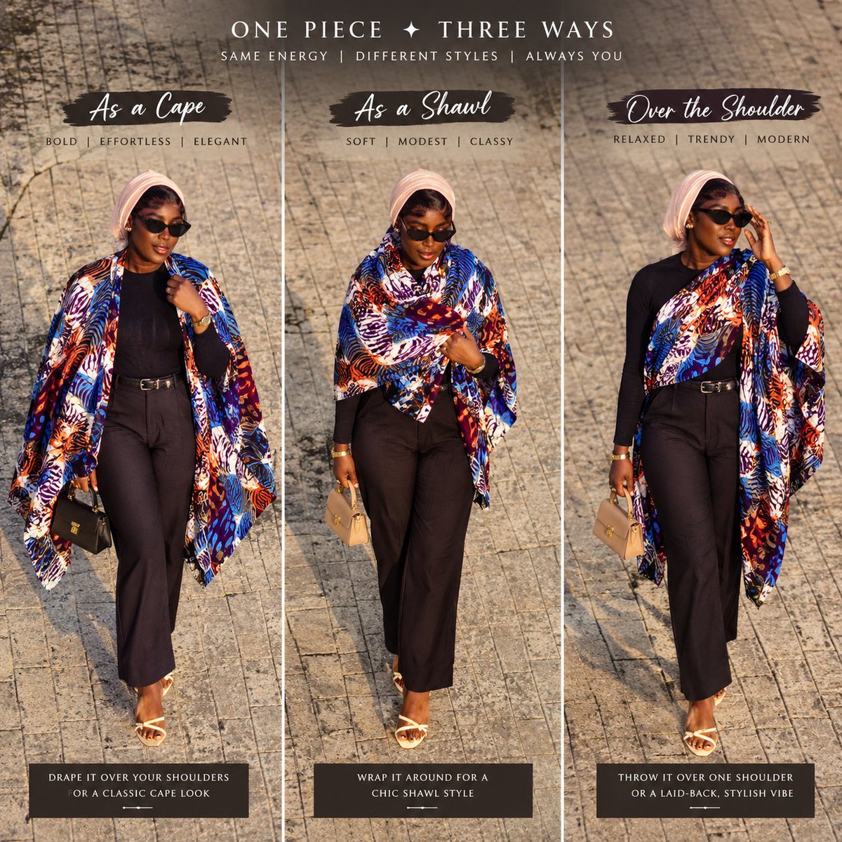 styledbyfeesah's tweet photo. @Oluwatomilobaaa One Luxe Drape. Three ways to wear it. ✨

Styled with our statement trousers for effortless chic.

Adire Luxe Drape + Trousers — sold as a set.

Which look is yours? 👀
55,000NGN https://t.co/465weoSeuS