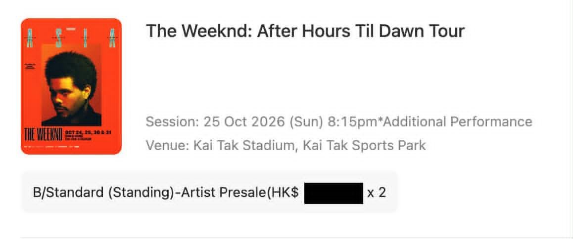 AMYSAWBTSts's tweet photo. Hi, I have 2 GA tickets for the weeknd show in hong kong october 25th🇭🇰

💺: GA (B standing) 
💴: HK$ 1900 each 

i’ll give to you hk ticketing acc. I’ll send you all the tickets details 
im from japan, and i tried to go to hong kong, but i found that i can’t go there in october. https://t.co/7R4ypm90CA