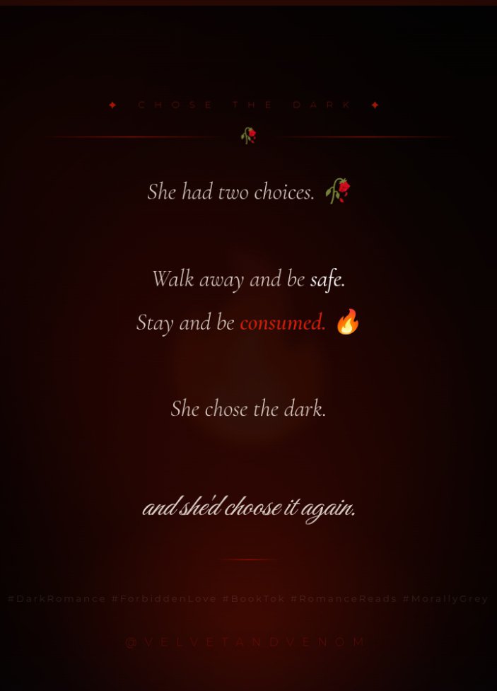 D4rk_Sh's tweet photo. Chose the Dark

She had two choices. 🥀
Walk away and be safe.
Stay and be consumed. 🔥

She chose the dark.
And she'd choose it
a thousand times more. 🖤🗡️

#DarkRomance #ForbiddenLove #BookTok #RomanceReads #MorallyGrey https://t.co/6a5X9AqsDf
