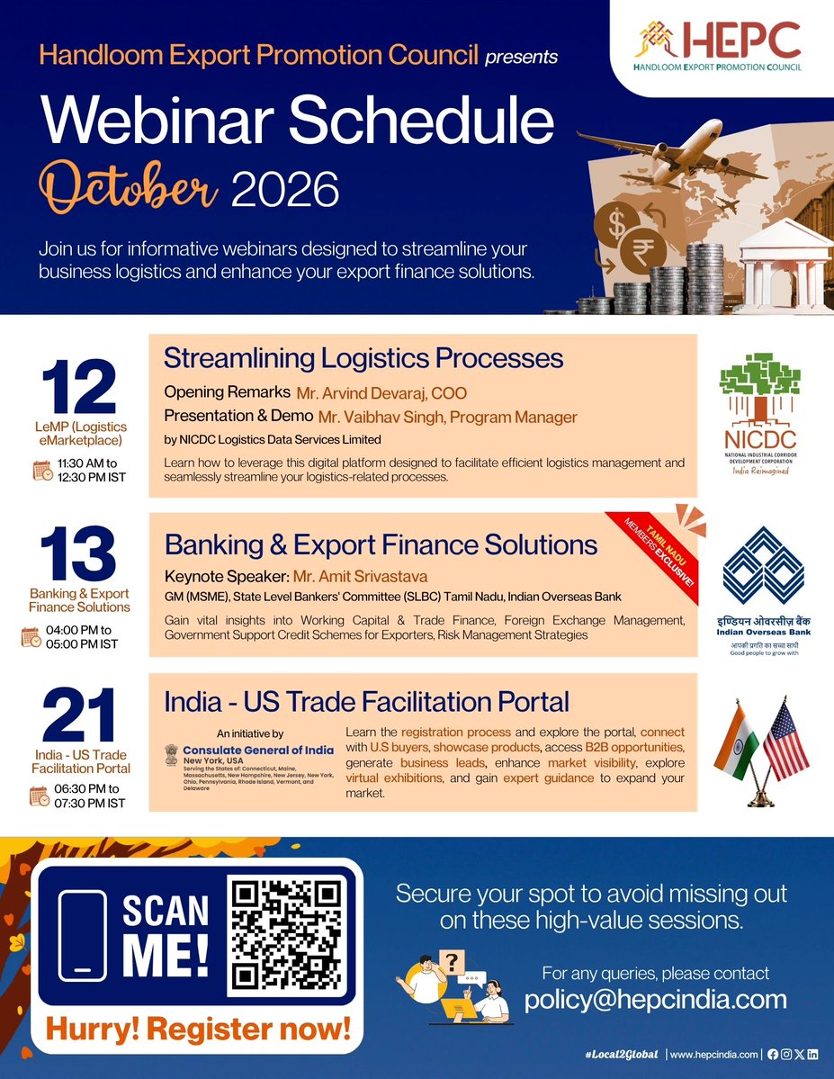 HEPC_India's tweet photo. @HEPC_India presents Webinar Schedule for October 2026.
Register Now! 👉 https://t.co/Wkn8meSm45
#HEPCIndia #Export #Webinar #Handloom #Local2Global https://t.co/flyhf1FFI5