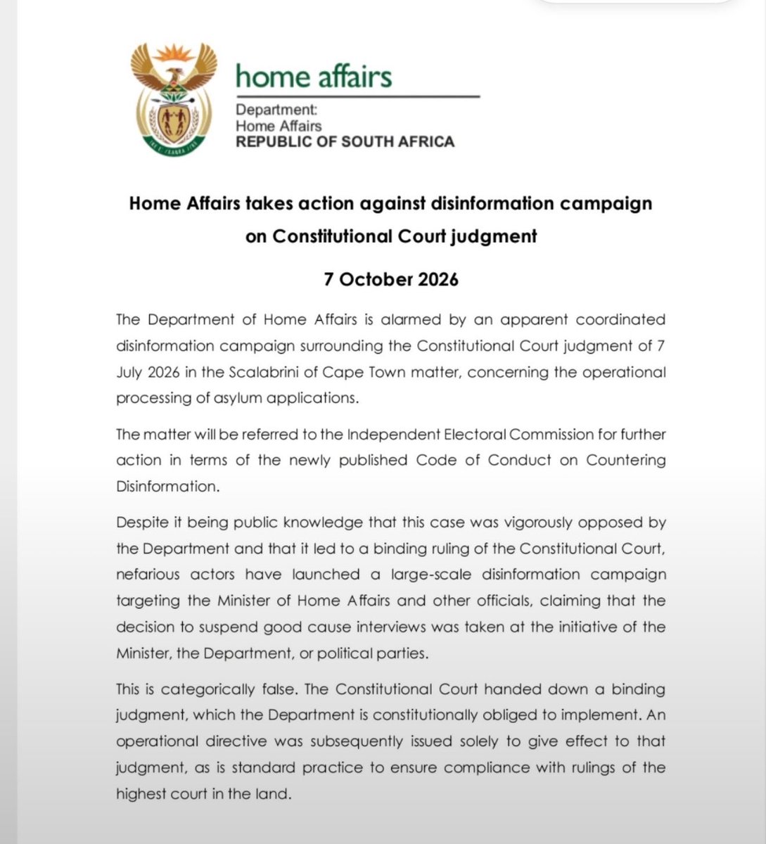 _BellaM_'s tweet photo. Correcting false information is one thing. Branding legitimate public scrutiny of immigration policy as “disinformation” and “incitement” is another. South Africans have every right to question this judgment, its consequences, Home Affairs’ handling of the case and the policies that follow from it. Criticism is not disinformation. @HomeAffairsSA @Leon_Schreib