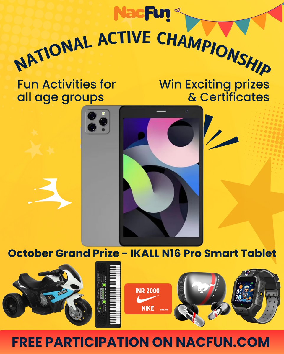 nacfunworld's tweet photo. What if your hobby could win you a tablet? 📱
At NacFun, it absolutely can. 🏆
🎨Art | 🎭 Acting | 🎵 Music | 💃 Dance | 🏅 Sports | Quiz | Poetry &amp; more!
🔗 Register NOW → https://t.co/OSoJ6qTAZh
#NacFun #WinPrizes #FreeContest #PlayAndWin #ActiveKids https://t.co/a7KYy4KadJ