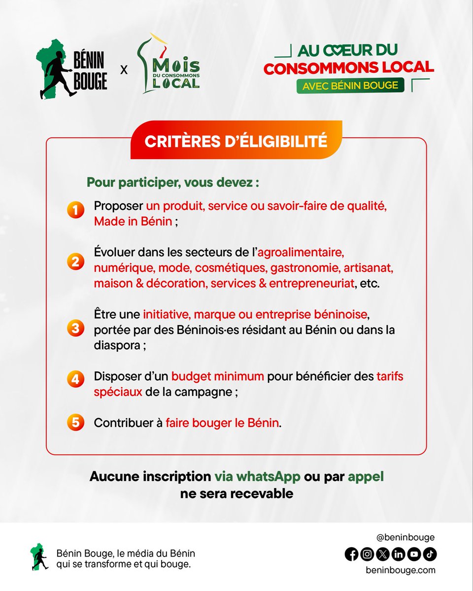 BeninBouge's tweet photo. 🇧🇯 𝗩𝗔𝗟𝗢𝗥𝗜𝗦𝗘𝗭 𝗩𝗢𝗧𝗥𝗘 𝗠𝗔𝗥𝗤𝗨𝗘 𝗕𝗘́𝗡𝗜𝗡𝗢𝗜𝗦𝗘 𝗦𝗨𝗥 𝗟𝗘𝗦 𝗥𝗘́𝗦𝗘𝗔𝗨𝗫 𝗗𝗘 𝗕𝗘́𝗡𝗜𝗡 𝗕𝗢𝗨𝗚𝗘, 𝗘𝗡 𝗖𝗘 𝗠𝗢𝗜𝗦 𝗗𝗨 𝗖𝗢𝗡𝗦𝗢𝗠𝗠𝗢𝗡𝗦 𝗟𝗢𝗖𝗔𝗟 !

Inscrivez-vous via https://t.co/zv3aCPCYoX avant le 𝟭𝟬 𝗼𝗰𝘁𝗼𝗯𝗿𝗲 𝟮𝟬𝟮𝟲 pour bénéficier de nos formats de visibilité spécialement adaptés à vos besoins et à votre budget.

À l’occasion du Mois du Consommons Local, Bénin Bouge lance « 𝗔𝘂 𝗰œ𝘂𝗿 𝗱𝘂 𝗖𝗼𝗻𝘀𝗼𝗺𝗺𝗼𝗻𝘀 𝗟𝗼𝗰𝗮𝗹 », une campagne pour faire découvrir à sa communauté de près de 𝟭 𝟬𝟬𝟬 𝟬𝟬𝟬 𝗱’𝗮𝗯𝗼𝗻𝗻𝗲́𝘀, les marques, produits, services et savoir-faire qui font bouger le Bénin 🇧🇯❤️.

Vous êtes une entreprise béninoise proposant une offre Made in Bénin (𝗮𝗴𝗿𝗼𝗮𝗹𝗶𝗺𝗲𝗻𝘁𝗮𝗶𝗿𝗲, 𝗻𝘂𝗺𝗲́𝗿𝗶𝗾𝘂𝗲 & 𝘁𝗲𝗰𝗵, 𝗺𝗼𝗱𝗲, 𝗯𝗲𝗮𝘂𝘁𝗲́ & 𝗰𝗼𝘀𝗺𝗲́𝘁𝗶𝗾𝘂𝗲𝘀, 𝗴𝗮𝘀𝘁𝗿𝗼𝗻𝗼𝗺𝗶𝗲, 𝗮𝗿𝘁𝗶𝘀𝗮𝗻𝗮𝘁, 𝗺𝗮𝗶𝘀𝗼𝗻 & 𝗱𝗲́𝗰𝗼𝗿𝗮𝘁𝗶𝗼𝗻, 𝘀𝗲𝗿𝘃𝗶𝗰𝗲𝘀 & 𝗲𝗻𝘁𝗿𝗲𝗽𝗿𝗲𝗻𝗲𝘂𝗿𝗶𝗮𝘁 𝗼𝘂 𝗮𝘂𝘁𝗿𝗲 𝘀𝗲𝗰𝘁𝗲𝘂𝗿 𝗹𝗼𝗰𝗮𝗹) ? Remplissez vite le formulaire !

Les candidatures seront étudiées selon les critères d’éligibilité et les possibilités de collaboration. Candidater ne garantit pas la sélection, mais augmente vos chances de voir votre marque mise en valeur sur nos réseaux, qui cumulent à ce jour près de 𝟰𝟬𝟬 𝟬𝟬𝟬 𝟬𝟬𝟬 𝗱𝗲 𝘃𝘂𝗲𝘀.

#BeninBouge #ConsommonsLocal