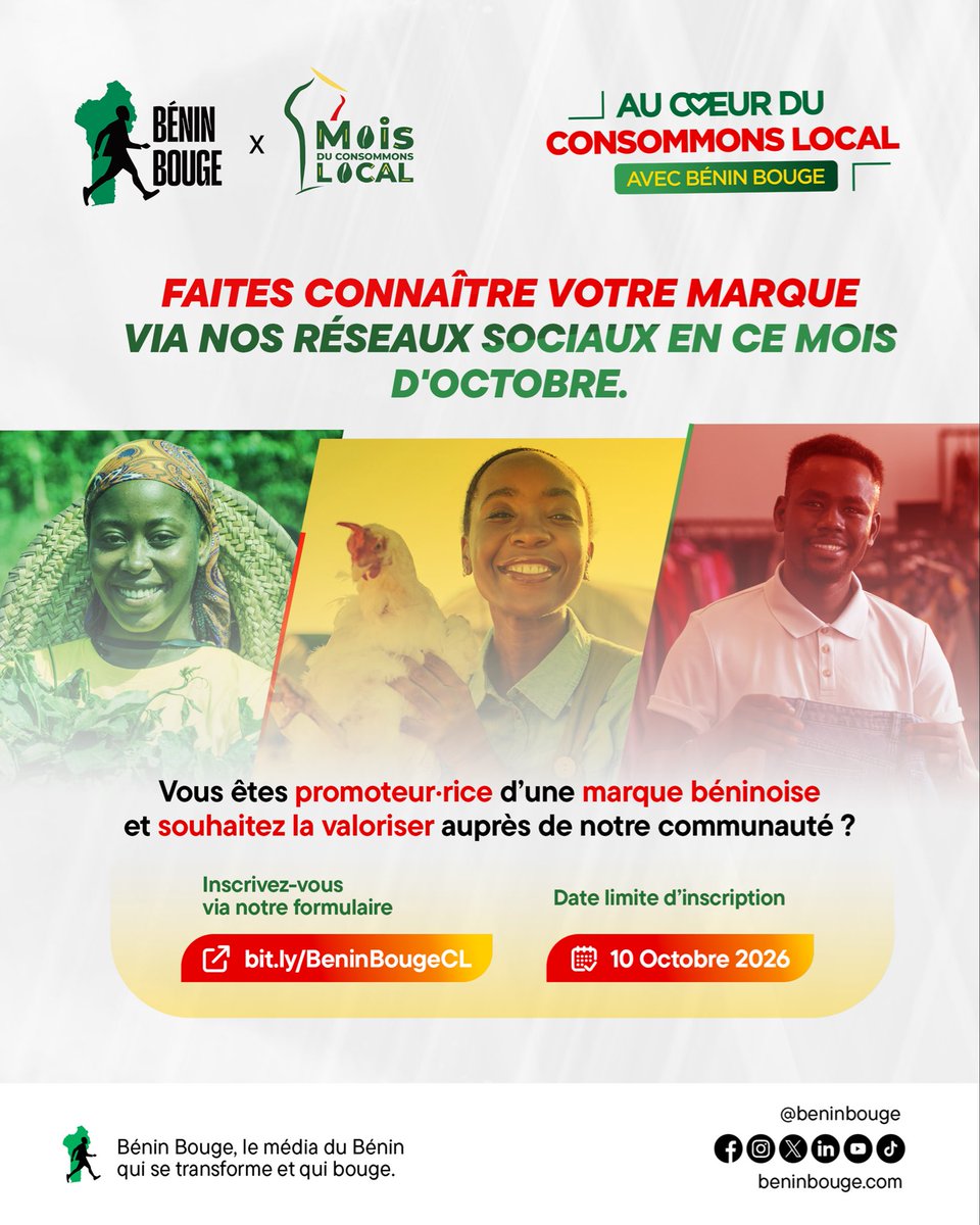 BeninBouge's tweet photo. 🇧🇯 𝗩𝗔𝗟𝗢𝗥𝗜𝗦𝗘𝗭 𝗩𝗢𝗧𝗥𝗘 𝗠𝗔𝗥𝗤𝗨𝗘 𝗕𝗘́𝗡𝗜𝗡𝗢𝗜𝗦𝗘 𝗦𝗨𝗥 𝗟𝗘𝗦 𝗥𝗘́𝗦𝗘𝗔𝗨𝗫 𝗗𝗘 𝗕𝗘́𝗡𝗜𝗡 𝗕𝗢𝗨𝗚𝗘, 𝗘𝗡 𝗖𝗘 𝗠𝗢𝗜𝗦 𝗗𝗨 𝗖𝗢𝗡𝗦𝗢𝗠𝗠𝗢𝗡𝗦 𝗟𝗢𝗖𝗔𝗟 !

Inscrivez-vous via https://t.co/zv3aCPCYoX avant le 𝟭𝟬 𝗼𝗰𝘁𝗼𝗯𝗿𝗲 𝟮𝟬𝟮𝟲 pour bénéficier de nos formats de visibilité spécialement adaptés à vos besoins et à votre budget.

À l’occasion du Mois du Consommons Local, Bénin Bouge lance « 𝗔𝘂 𝗰œ𝘂𝗿 𝗱𝘂 𝗖𝗼𝗻𝘀𝗼𝗺𝗺𝗼𝗻𝘀 𝗟𝗼𝗰𝗮𝗹 », une campagne pour faire découvrir à sa communauté de près de 𝟭 𝟬𝟬𝟬 𝟬𝟬𝟬 𝗱’𝗮𝗯𝗼𝗻𝗻𝗲́𝘀, les marques, produits, services et savoir-faire qui font bouger le Bénin 🇧🇯❤️.

Vous êtes une entreprise béninoise proposant une offre Made in Bénin (𝗮𝗴𝗿𝗼𝗮𝗹𝗶𝗺𝗲𝗻𝘁𝗮𝗶𝗿𝗲, 𝗻𝘂𝗺𝗲́𝗿𝗶𝗾𝘂𝗲 & 𝘁𝗲𝗰𝗵, 𝗺𝗼𝗱𝗲, 𝗯𝗲𝗮𝘂𝘁𝗲́ & 𝗰𝗼𝘀𝗺𝗲́𝘁𝗶𝗾𝘂𝗲𝘀, 𝗴𝗮𝘀𝘁𝗿𝗼𝗻𝗼𝗺𝗶𝗲, 𝗮𝗿𝘁𝗶𝘀𝗮𝗻𝗮𝘁, 𝗺𝗮𝗶𝘀𝗼𝗻 & 𝗱𝗲́𝗰𝗼𝗿𝗮𝘁𝗶𝗼𝗻, 𝘀𝗲𝗿𝘃𝗶𝗰𝗲𝘀 & 𝗲𝗻𝘁𝗿𝗲𝗽𝗿𝗲𝗻𝗲𝘂𝗿𝗶𝗮𝘁 𝗼𝘂 𝗮𝘂𝘁𝗿𝗲 𝘀𝗲𝗰𝘁𝗲𝘂𝗿 𝗹𝗼𝗰𝗮𝗹) ? Remplissez vite le formulaire !

Les candidatures seront étudiées selon les critères d’éligibilité et les possibilités de collaboration. Candidater ne garantit pas la sélection, mais augmente vos chances de voir votre marque mise en valeur sur nos réseaux, qui cumulent à ce jour près de 𝟰𝟬𝟬 𝟬𝟬𝟬 𝟬𝟬𝟬 𝗱𝗲 𝘃𝘂𝗲𝘀.

#BeninBouge #ConsommonsLocal