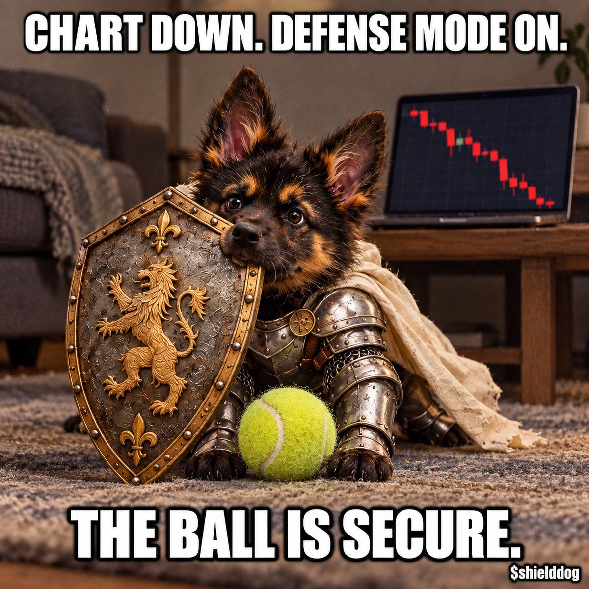 Dogwifshieldsol's tweet photo. Chart’s red. Dog’s unbothered.

Someone said “hold.”

He’s been holding the same tennis ball for six hours.
$shielddog 🛡️🎾 https://t.co/cfd6NNBjip