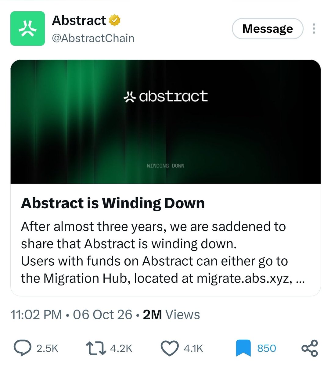 Mehte_ch's tweet photo. Abstract is shutting down 💔

- After 3 years of point farming, gaming, and staying active all gone.

- I’ll never forget the money I made from the Ponzi &amp; game plays and Abstract NFTs. 👾 

Goodbye, @AbstractChain. 🫡 https://t.co/H6jSH3Zjvb