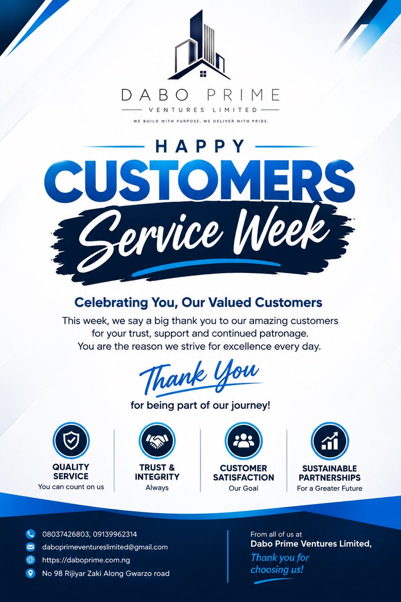 UsmanUsman___'s tweet photo. Happy Customers Service Week! 🎉
Thank you for choosing Dabo Prime Ventures Limited. 🤝💙

#HappyCustomersServiceWeek #DaboPrimeVentures #CustomerSatisfaction #QualityService #TrustAndIntegrity #ThankYouCustom https://t.co/1nVKnhkGwN