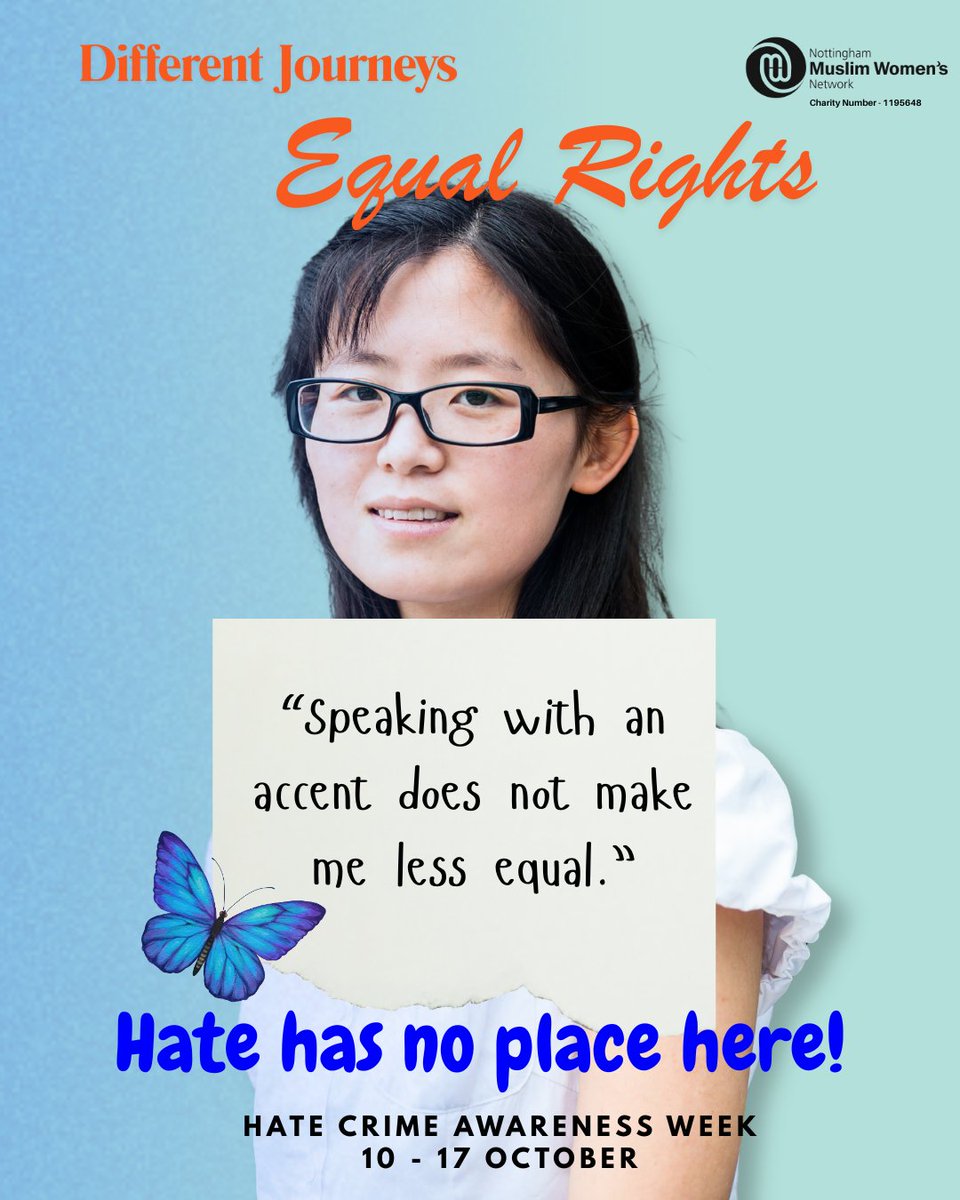 NottinghamMWN's tweet photo. We all have different journeys, but we all deserve equal rights.

❤️ Hate has no place here.

📅 10-17 October

#HateCrimeAwarenessWeek #EqualRights #DifferentJourneys #InclusionMatters #CommunityUnity #StopHate #NMWN https://t.co/3xm6RblzXt