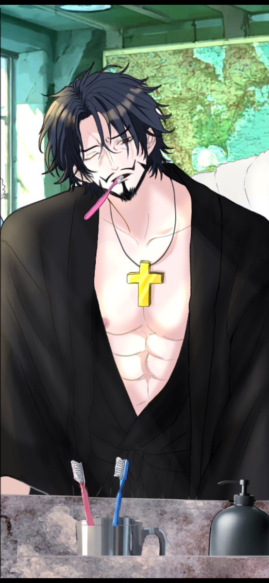 Humg0n's tweet photo. ✝️ギルド小ネタ④
朝の身支度をする三人のおじさん

🤡｢あー～!! 眠てぇーっ!!｣ 
🦅｢……煩いぞ、道化。土に埋められたか｣
🐊｢そういうてめェもしっかりしろよ｣
🦅｢……朝は好かん｣
🐊｢おい、ピエロ｣
🤡｢んだよ、静かにしてんだろォ？｣
🐊｢……それ、洗顔だぞ｣
🤡｢うげぇええっ！｣ https://t.co/7oag4sBuoN