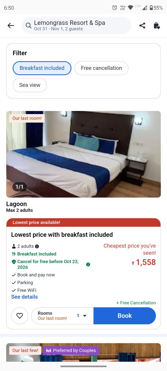 Muthu0193's tweet photo. @agoda This is seriously misleading.

Advertised price: ₹1,558
Final price: ₹7,559.26

An additional ₹6,000 “Accommodation Fee” appears at checkout.

If this fee is mandatory, why isn’t it included in the advertised price?
Calling ₹1,558 the “Lowest price available” https://t.co/V3i10uf3XY