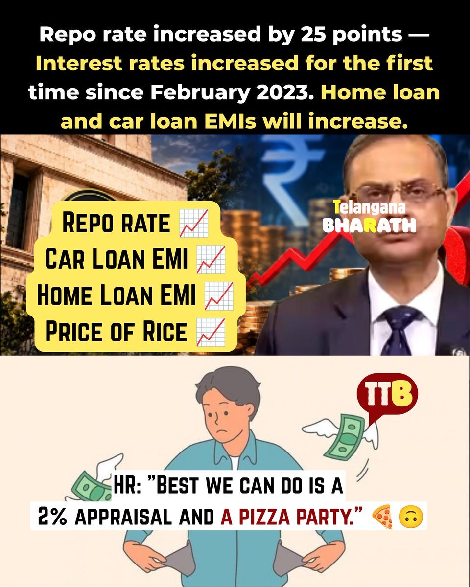 TTB_In's tweet photo. #Meme #CorporateMemes #RepoRate #EMI #Inflation #SalaryMemes #RelatableMemes #IndianEconomy #MiddleClassProblems #TelanganaToBharath #CorporateLife #HomeLoan #CarLoan https://t.co/G9rAJyfNpU