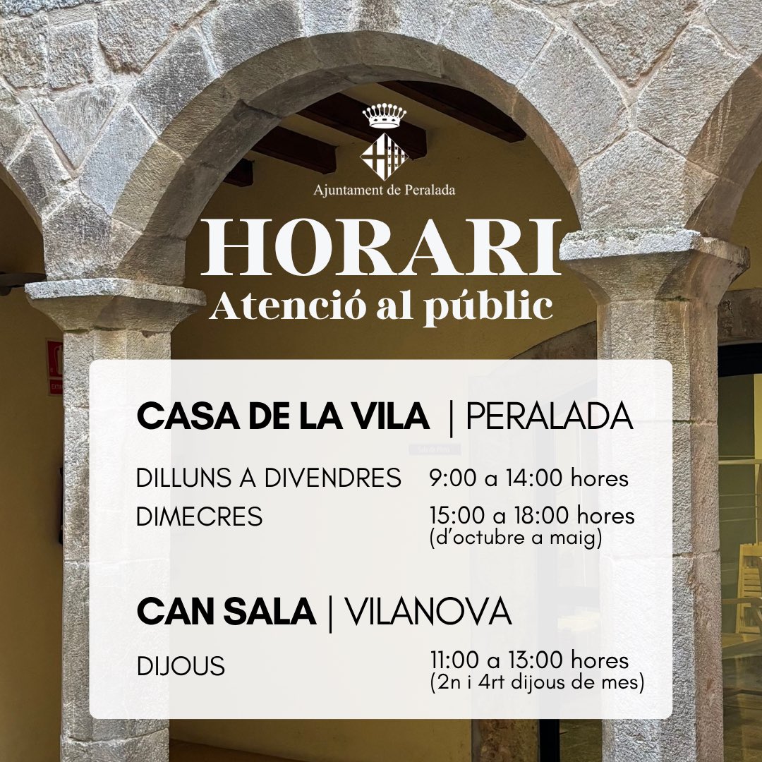 ajperalada's tweet photo. 📢 Recordatori important!
D’octubre a maig, l’Ajuntament de Peralada amplia l’horari d’atenció al públic amb servei els dimecres a la tarda 🕒
Vine quan et vagi millor, t’hi esperem! 🙌 https://t.co/apYmd3C49i