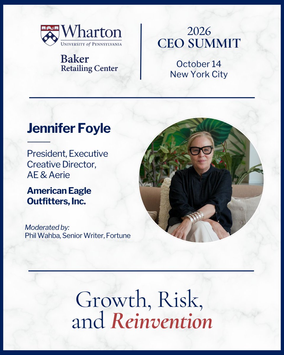 BakerRetailCtr's tweet photo. Building authentic brand connection with the next generation takes more than great marketing. Jennifer Foyle, President &amp; Executive Creative Director of AE &amp; Aerie, shares her insights with Fortune’s Phil Wahba on October 14.

More info: https://t.co/pkzWCu5hTP

#BakerCEOSummit https://t.co/0CgCIKeM1c