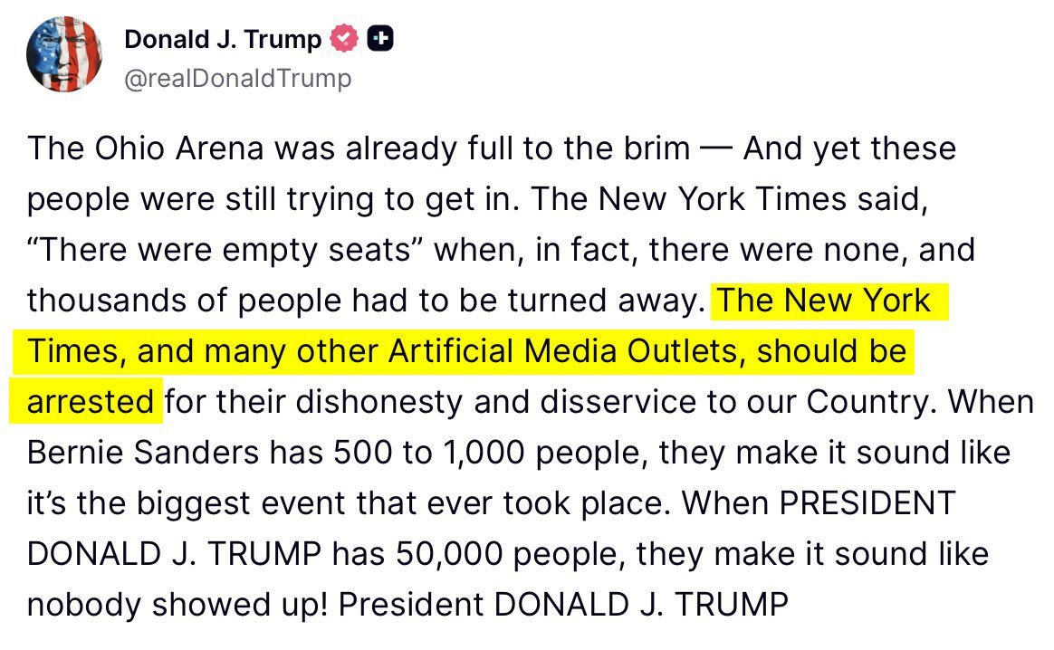 RepJasonCrow's tweet photo. The President wants to arrest journalists for doing their jobs.

He’s attacking the right of every American to know what their elected leaders are doing.

Generations have fought and sacrificed for our freedoms.

We must speak out and defend our rights now. https://t.co/LKzFybgP3T