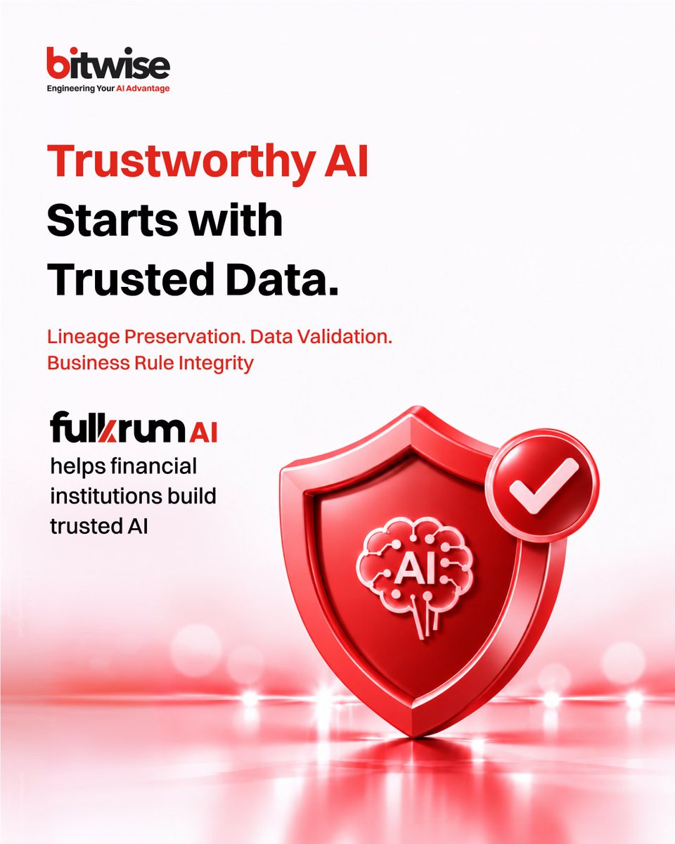 Bitwise_Updates's tweet photo. Trustworthy AI in financial services starts with more than model accuracy. It needs reliable, traceable data.
FulkrumAI modernizes legacy ETL to help build AI-ready data environments.
Explore: https://t.co/c6TJR3MIO4 https://t.co/av4Pt8ryJA