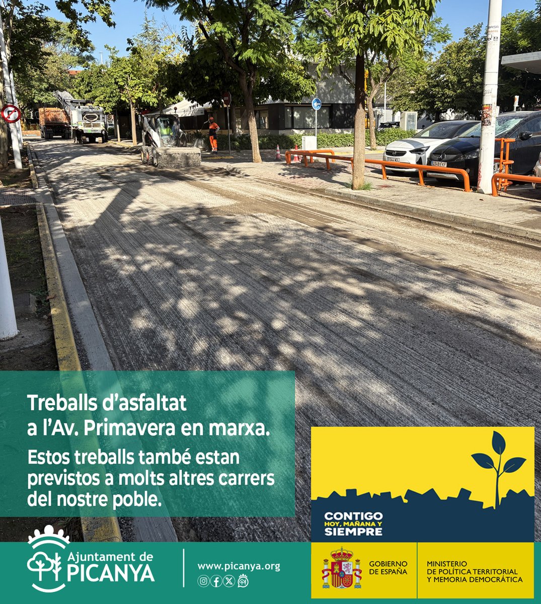 aPicanya's tweet photo. En marxa els treballs d'asfaltat de l'Av. de la Primavera.
Estos treballs estan previstos a molts carrers del nostre poble.
Més informació:
https://t.co/ystDvHraS7 https://t.co/BQn9wjbVG8