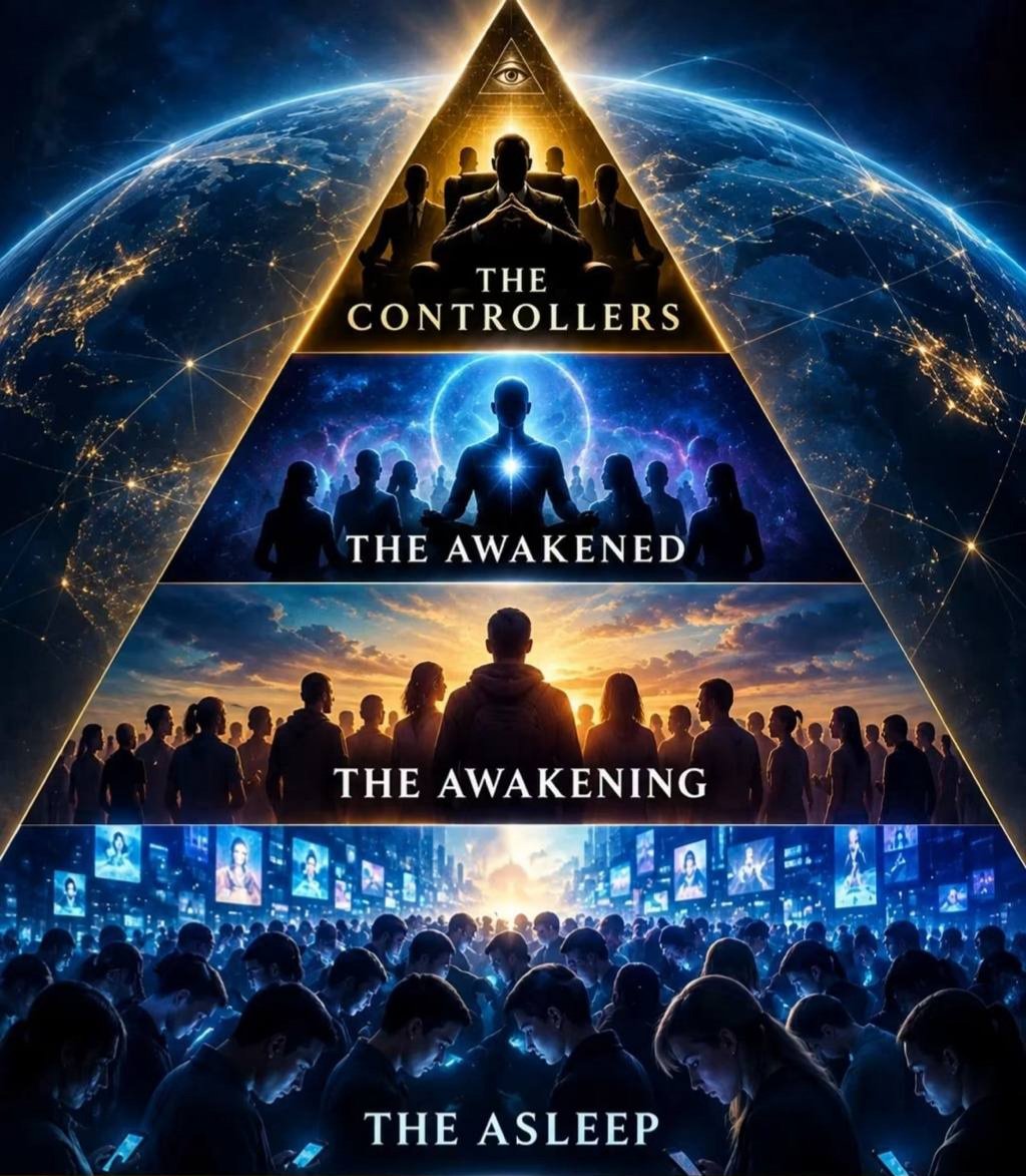 ChoiceNorthCo's tweet photo. As the old world order collapses, the controllers remain at the top. Beneath them, the awakened observe. Awakening is spreading, but a vast multitude continue living within the system, unaware of the forces shaping their reality. 

Where are you? https://t.co/4UQLOAZ2Zp