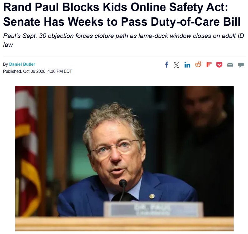 PKOproject's tweet photo. Last week Rand Paul blocked KOSA by objecting to a unanimous-consent request from Blackburn and Blumenthal. This was enough to stop the fast track, but the bill is not dead.

What happens next:
🔸Senate is in pro forma sessions until it returns for real business, expected around November 9
🔸Any remaining path for KOSA needs a scheduled floor vote, cloture at 60, debate, then a deal with the House
🔸If it does not clear both chambers before January 3, 2027, this Congress ends and the bill dies

Blumenthal has already said he wants a floor vote when they return. And Ted Cruz pledged in May that KOSA would become law this year. But Thune will decide if the bill gets scheduled for a floor vote.

House KOSA (KIDS Act) passed in June, but doesn't include the "duty of care" the Senate KOSA has.
Blackburn and Blumenthal have said the House version is DOA in the Senate. 

"Duty of care" is the censorship and surveillance mechanism. It will require age verification and content censorship - neither of which protect children online. 

1/2