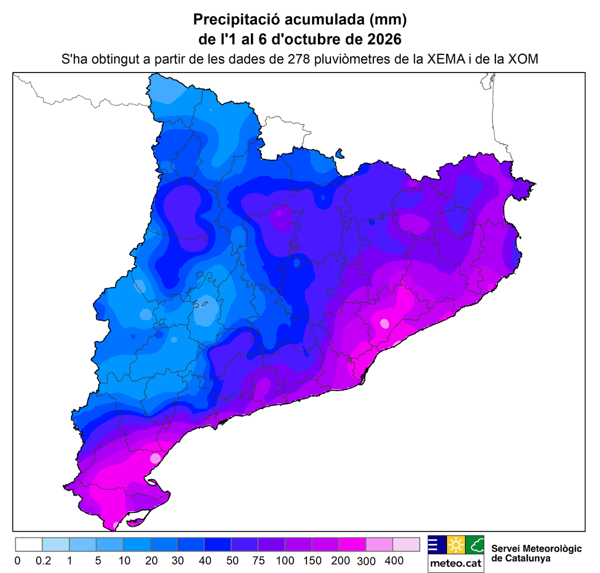 meteocat's tweet photo. La pluja acumulada de l'1 al 6 d'octubre ha superat els 200 mm a sectors del litoral i prelitoral català, amb més de 300 mm a punts del Baix Ebre, el Montsià, el Maresme i el Vallès Oriental (361,3 mm a #Granollers)

En canvi, àmplies zones de Ponent han recollit menys de 20 mm. https://t.co/3R2ZT5B7sr